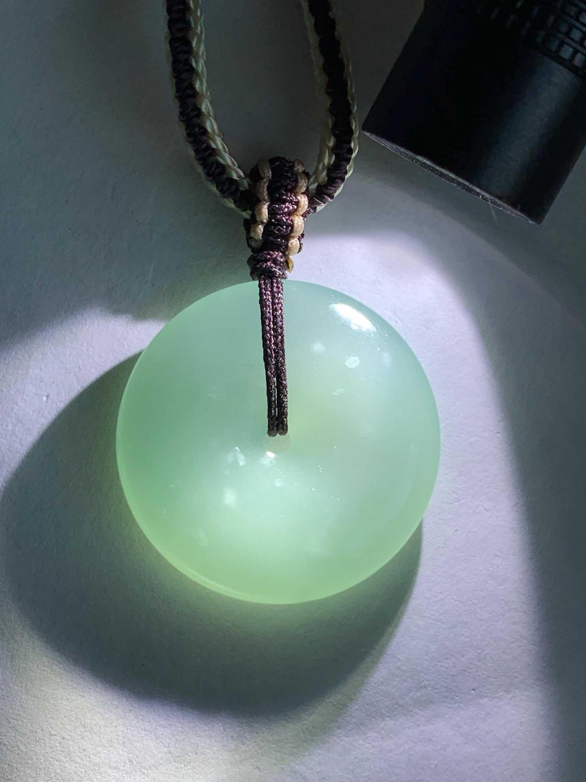 Natural Grade A Guatemalan Icy Translucent Pastel Teal Jade Jadeite Ping An Kou Donut Pendant Rope Necklace 28” 10g 天然冰危浅蓝绿翡翠平安扣吊坠 WPA55