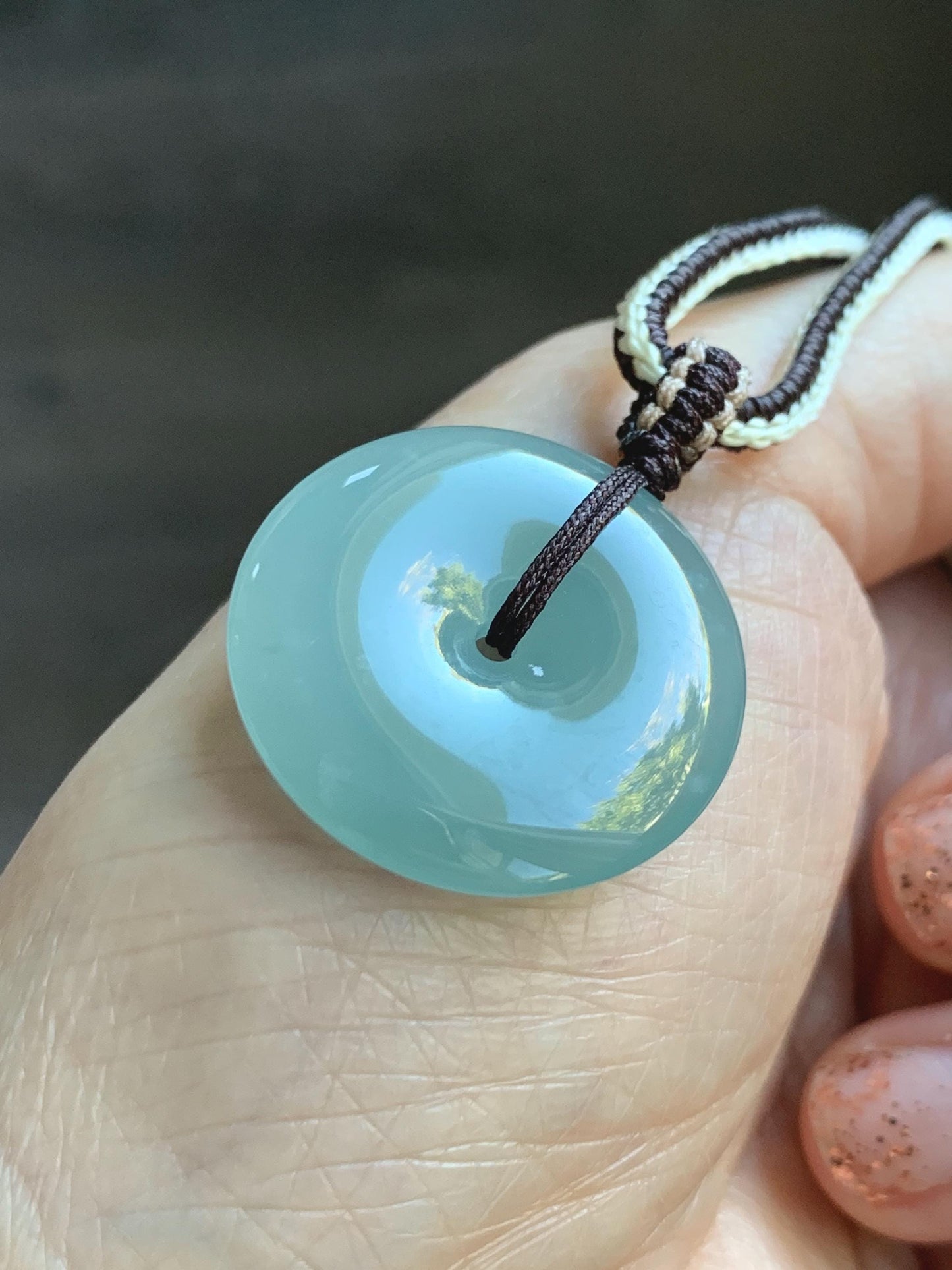 Natural Grade A Guatemalan Icy Translucent Pastel Teal Jade Jadeite Ping An Kou Donut Pendant Rope Necklace 28” 10g 天然冰危浅蓝绿翡翠平安扣吊坠 WPA55