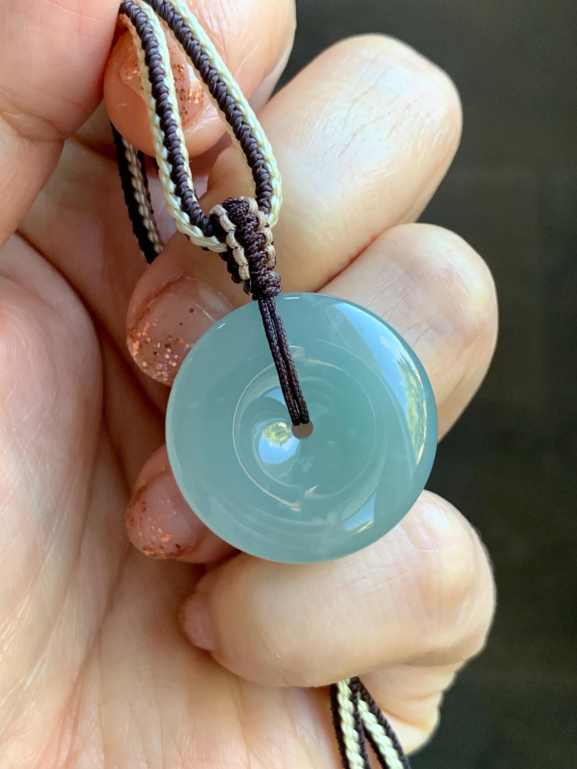 Natural Grade A Guatemalan Icy Translucent Pastel Teal Jade Jadeite Ping An Kou Donut Pendant Rope Necklace 28” 10g 天然冰危浅蓝绿翡翠平安扣吊坠 WPA55