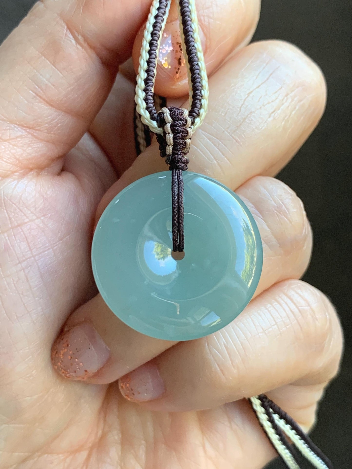 Natural Grade A Guatemalan Icy Translucent Pastel Teal Jade Jadeite Ping An Kou Donut Pendant Rope Necklace 28” 10g 天然冰危浅蓝绿翡翠平安扣吊坠 WPA55