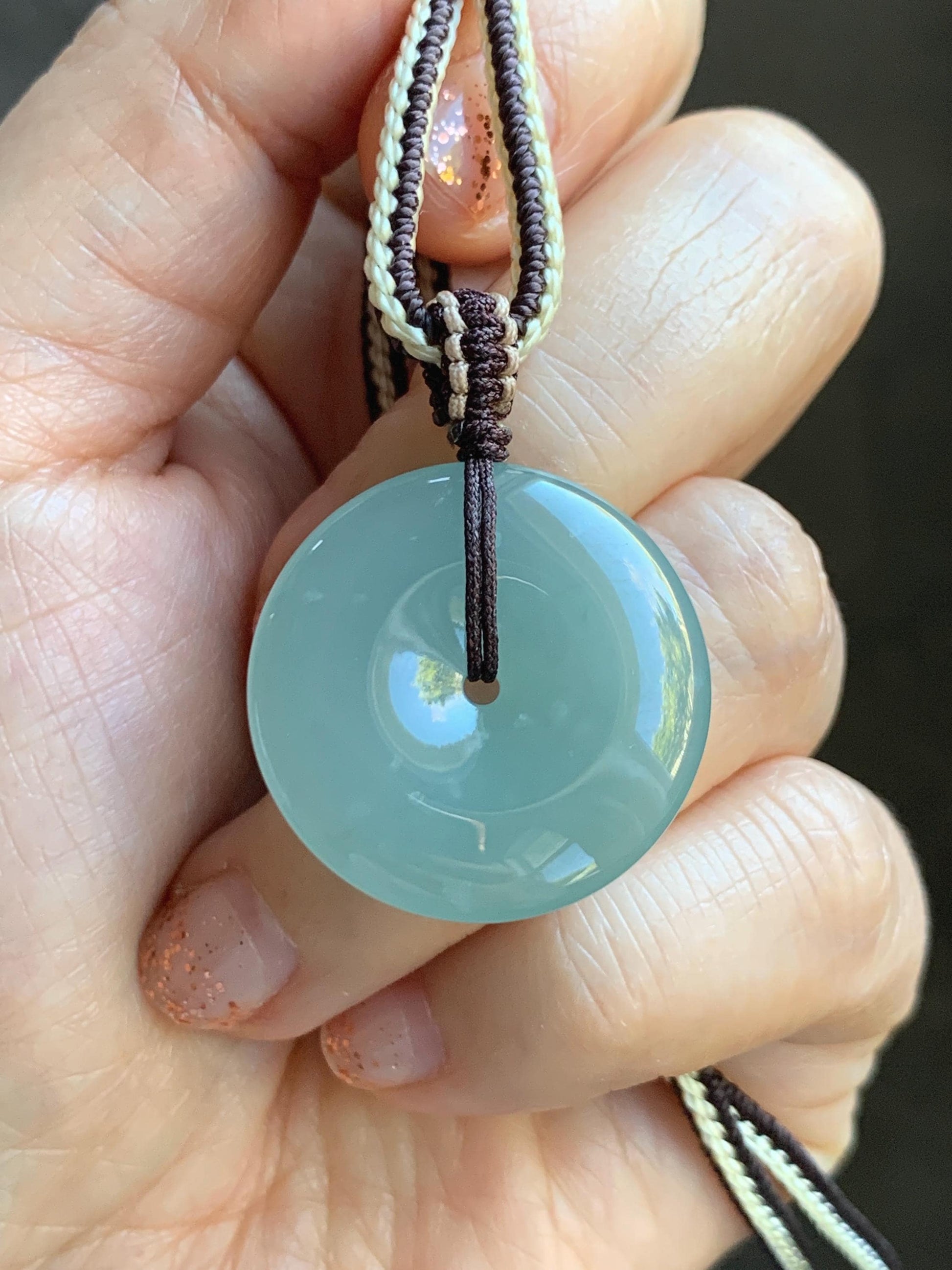 Natural Grade A Guatemalan Icy Translucent Pastel Teal Jade Jadeite Ping An Kou Donut Pendant Rope Necklace 28” 10g 天然冰危浅蓝绿翡翠平安扣吊坠 WPA55