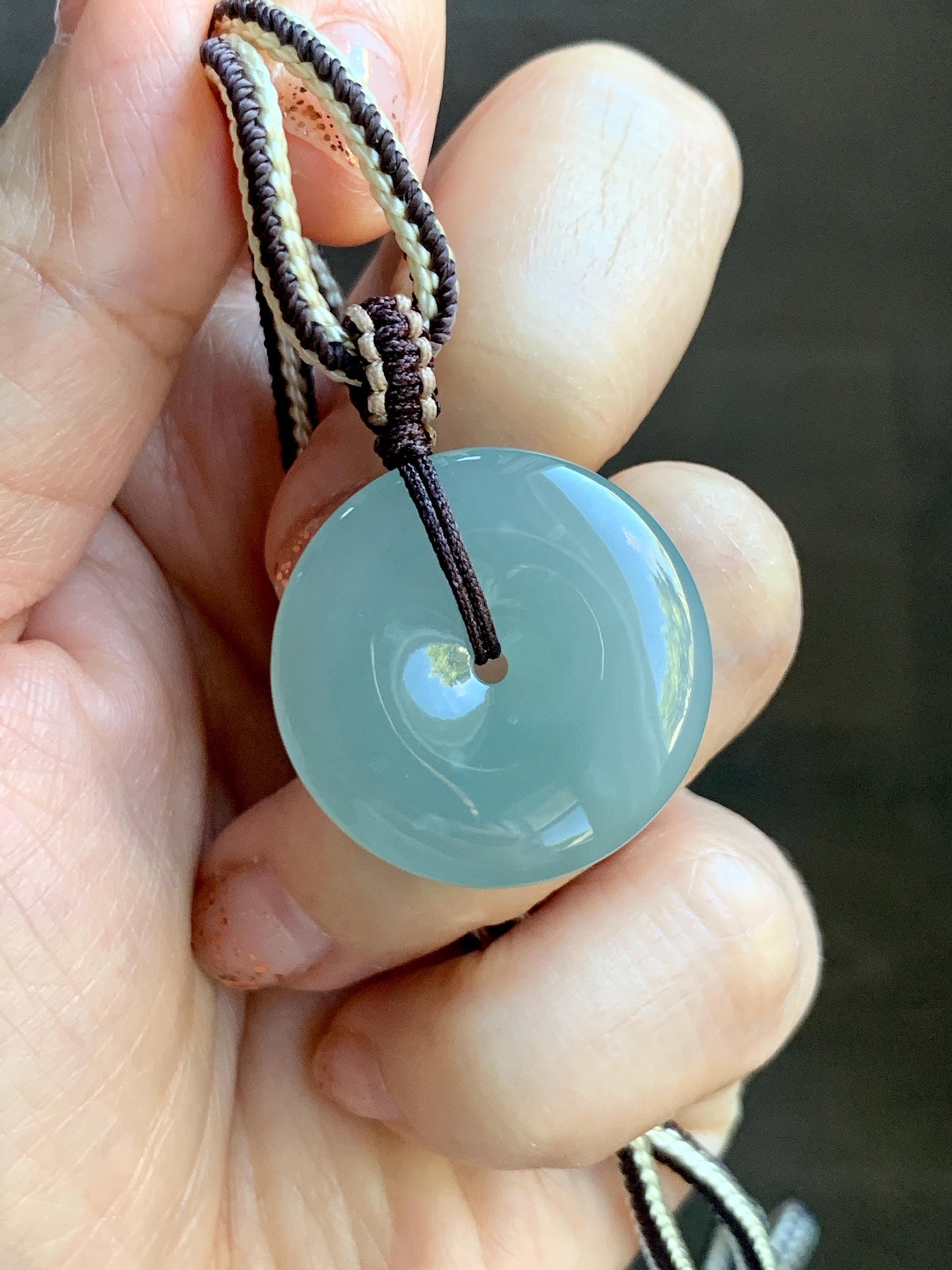 Natural Grade A Guatemalan Icy Translucent Pastel Teal Jade Jadeite Ping An Kou Donut Pendant Rope Necklace 28” 10g 天然冰危浅蓝绿翡翠平安扣吊坠 WPA55