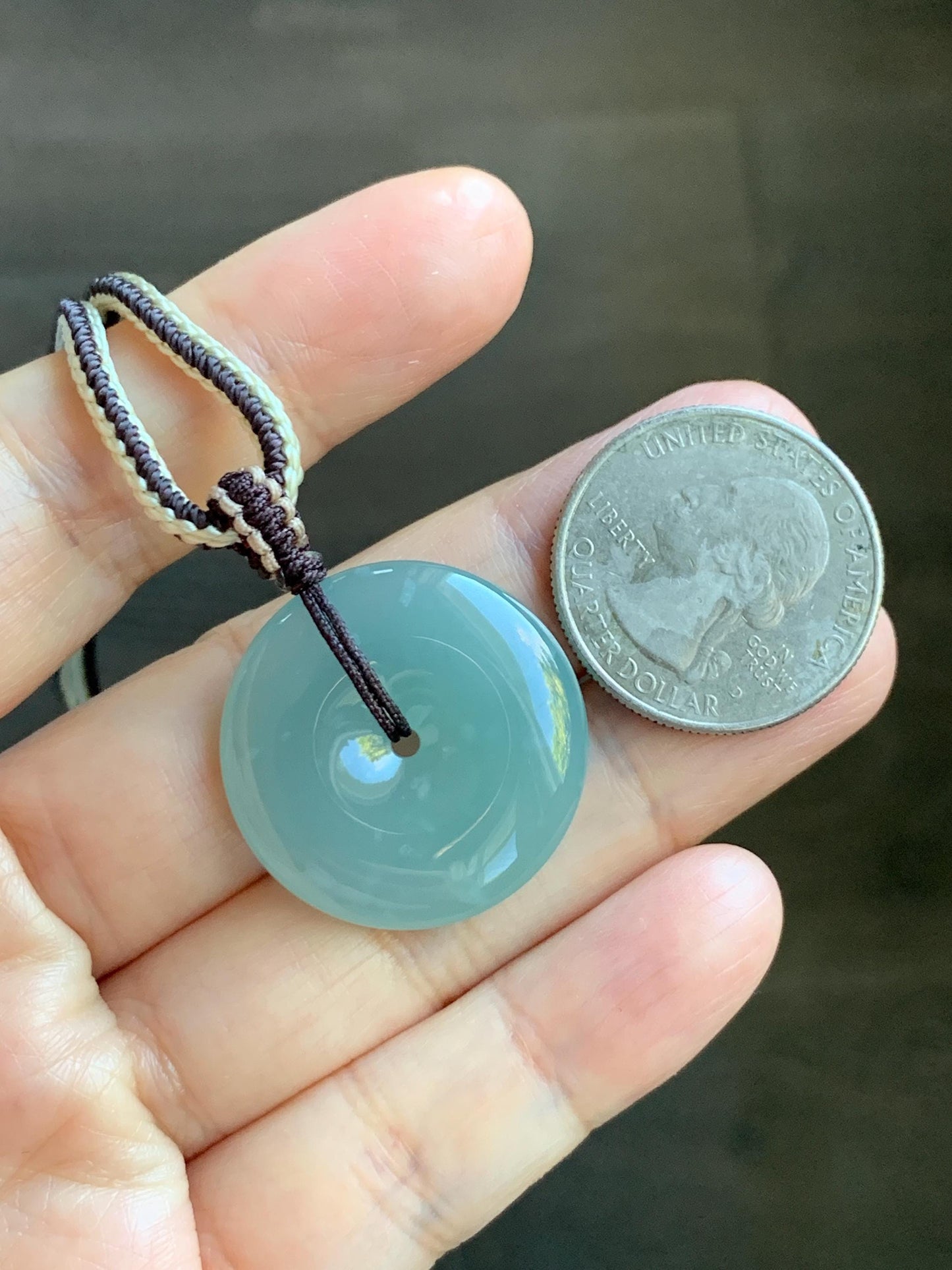 Natural Grade A Guatemalan Icy Translucent Pastel Teal Jade Jadeite Ping An Kou Donut Pendant Rope Necklace 28” 10g 天然冰危浅蓝绿翡翠平安扣吊坠 WPA55