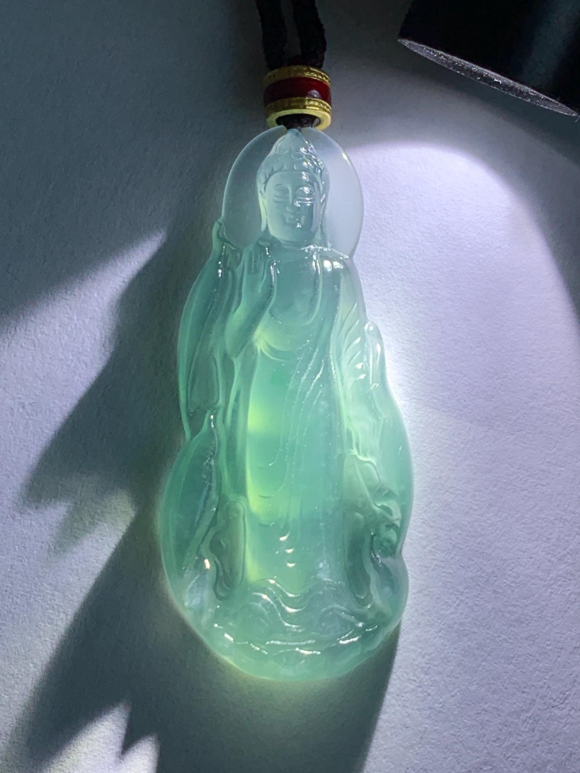 Natural Grade A Guatemalan Icy Highly Translucent Dark Teal Blue Jade Jadeite Guanyin Pendant Rope Necklace 28” 8g 天然冰胶危蓝绿翡翠站观音吊坠 GWZ380A