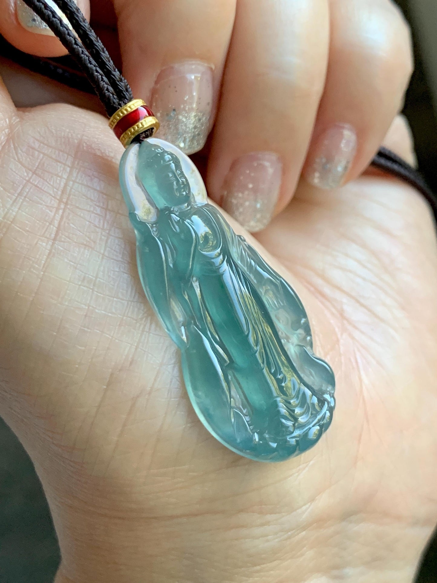 Natural Grade A Guatemalan Icy Highly Translucent Dark Teal Blue Jade Jadeite Guanyin Pendant Rope Necklace 28” 8g 天然冰胶危蓝绿翡翠站观音吊坠 GWZ380A