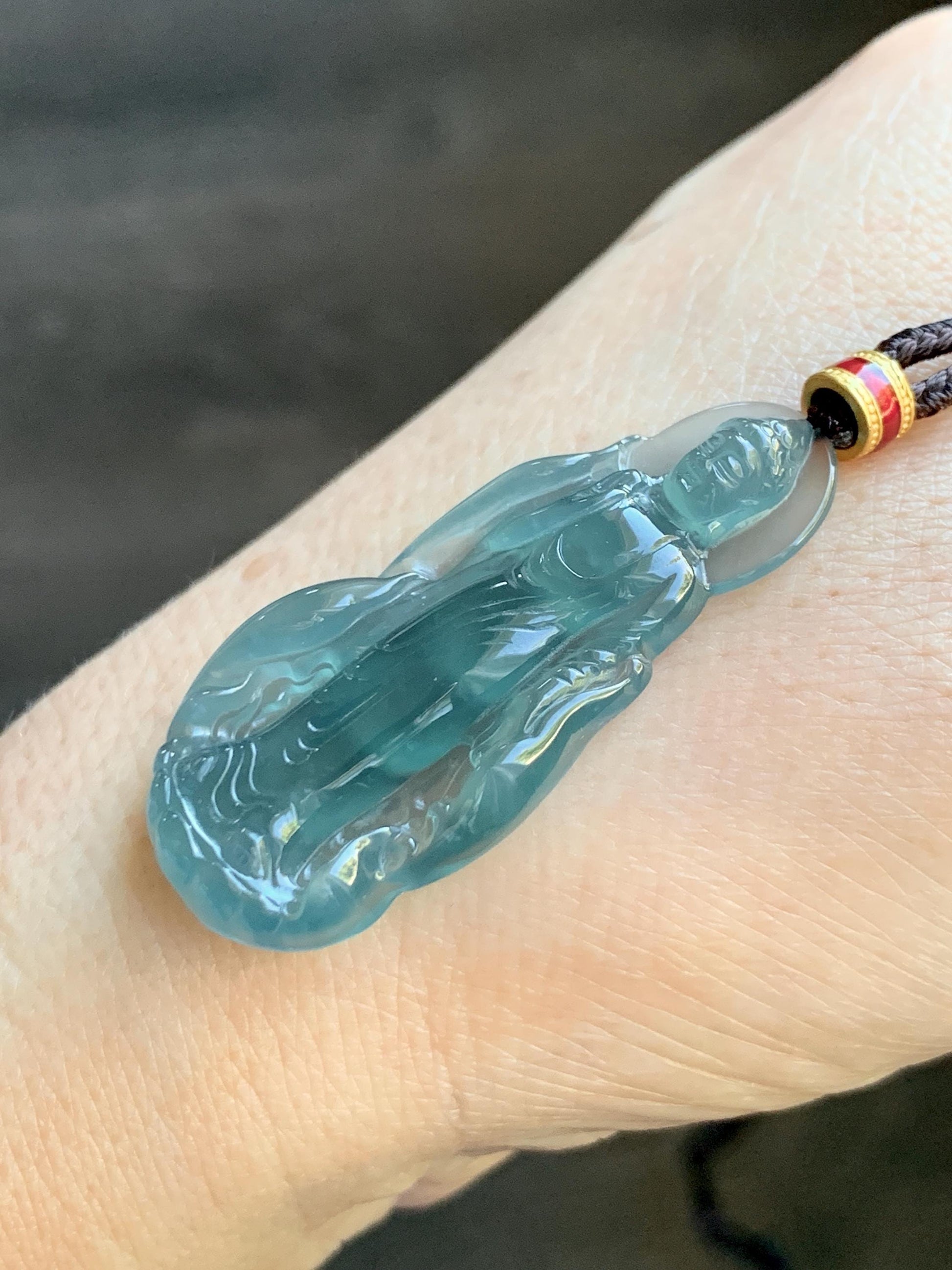 Natural Grade A Guatemalan Icy Highly Translucent Dark Teal Blue Jade Jadeite Guanyin Pendant Rope Necklace 28” 8g 天然冰胶危蓝绿翡翠站观音吊坠 GWZ380A