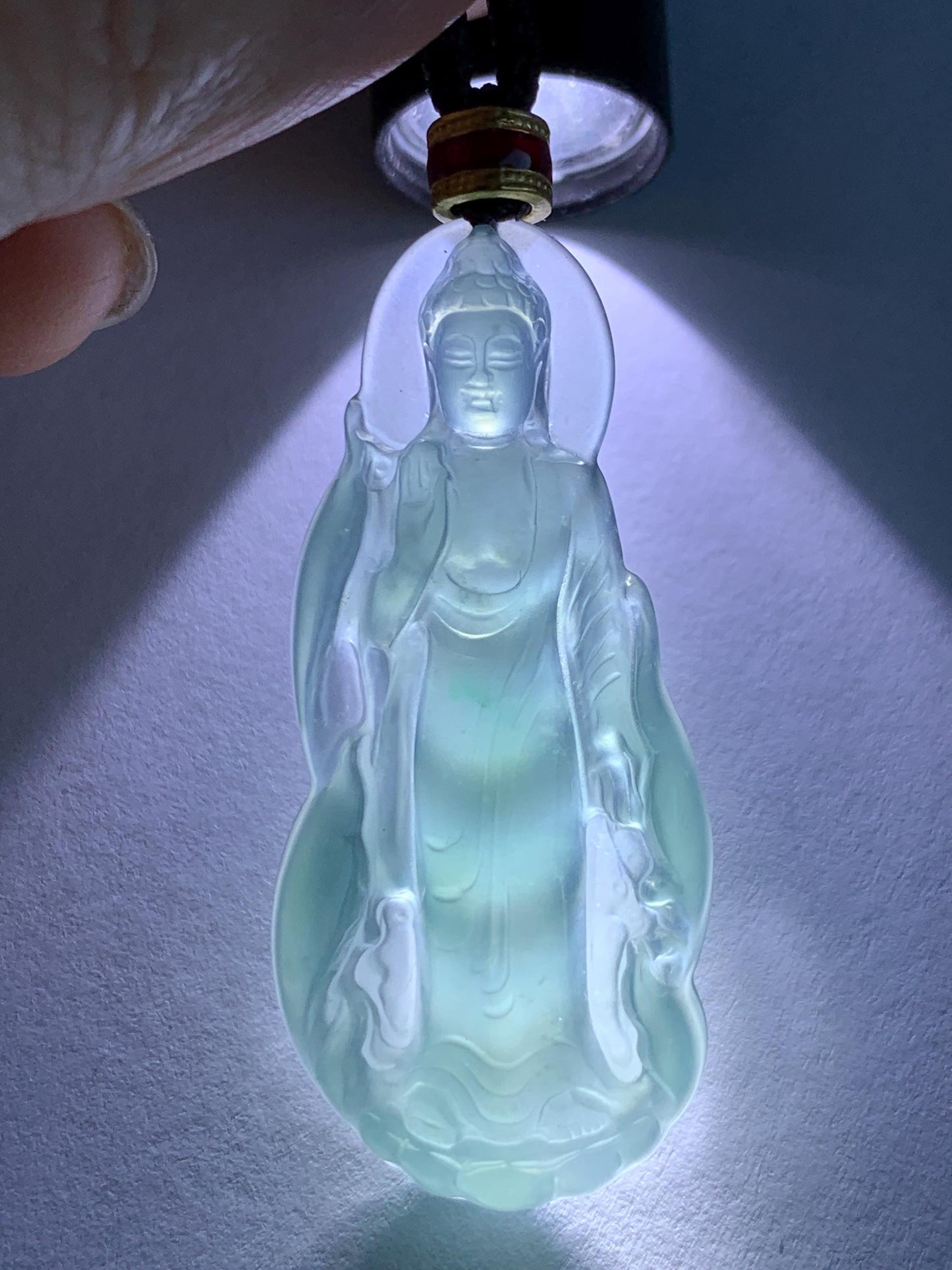 Natural Grade A Guatemalan Icy Highly Translucent Dark Teal Blue Jade Jadeite Guanyin Pendant Rope Necklace 28” 8g 天然冰胶危蓝绿翡翠站观音吊坠 GWZ380A