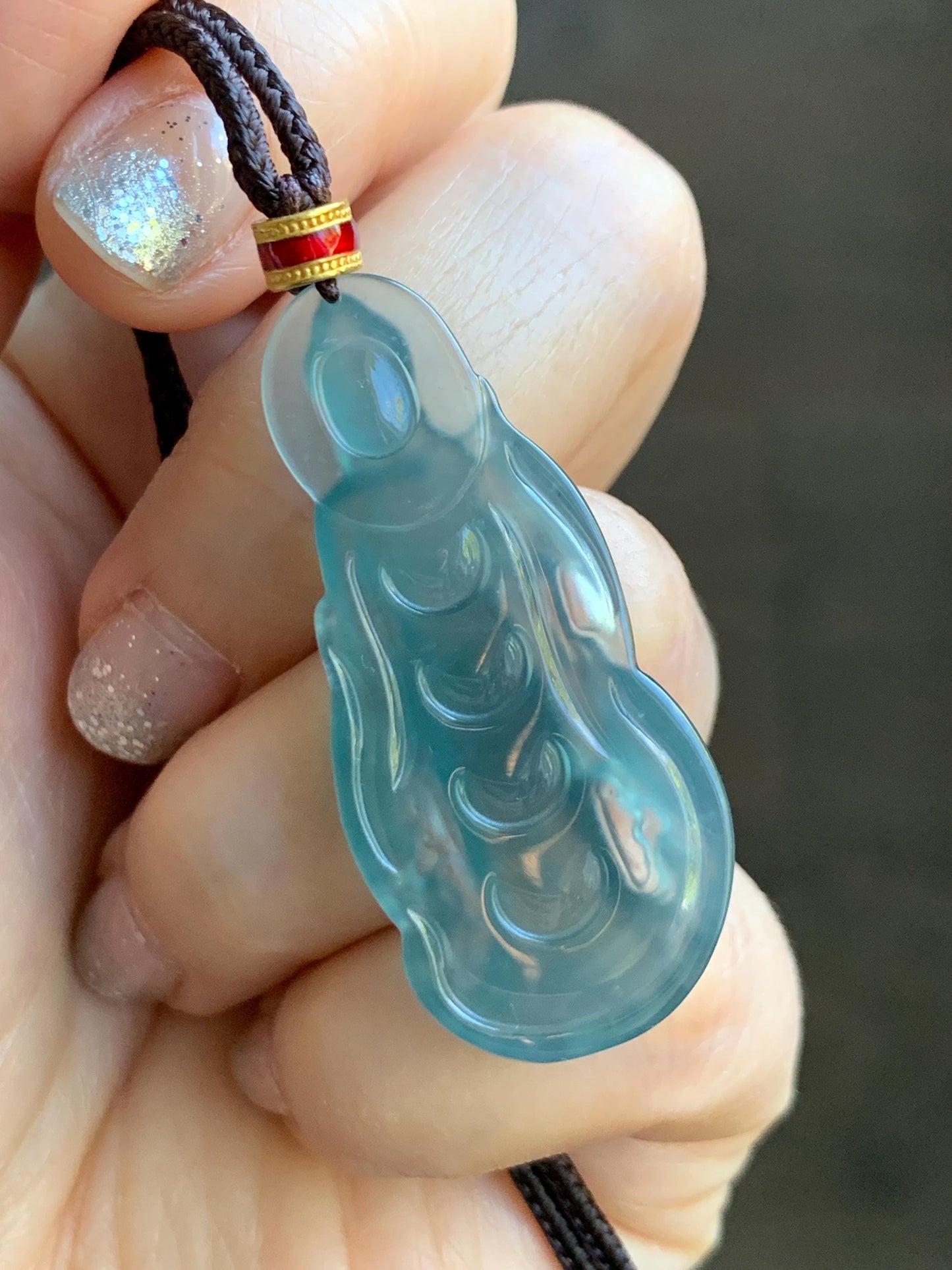 Natural Grade A Guatemalan Icy Highly Translucent Dark Teal Blue Jade Jadeite Guanyin Pendant Rope Necklace 28” 8g 天然冰胶危蓝绿翡翠站观音吊坠 GWZ380A