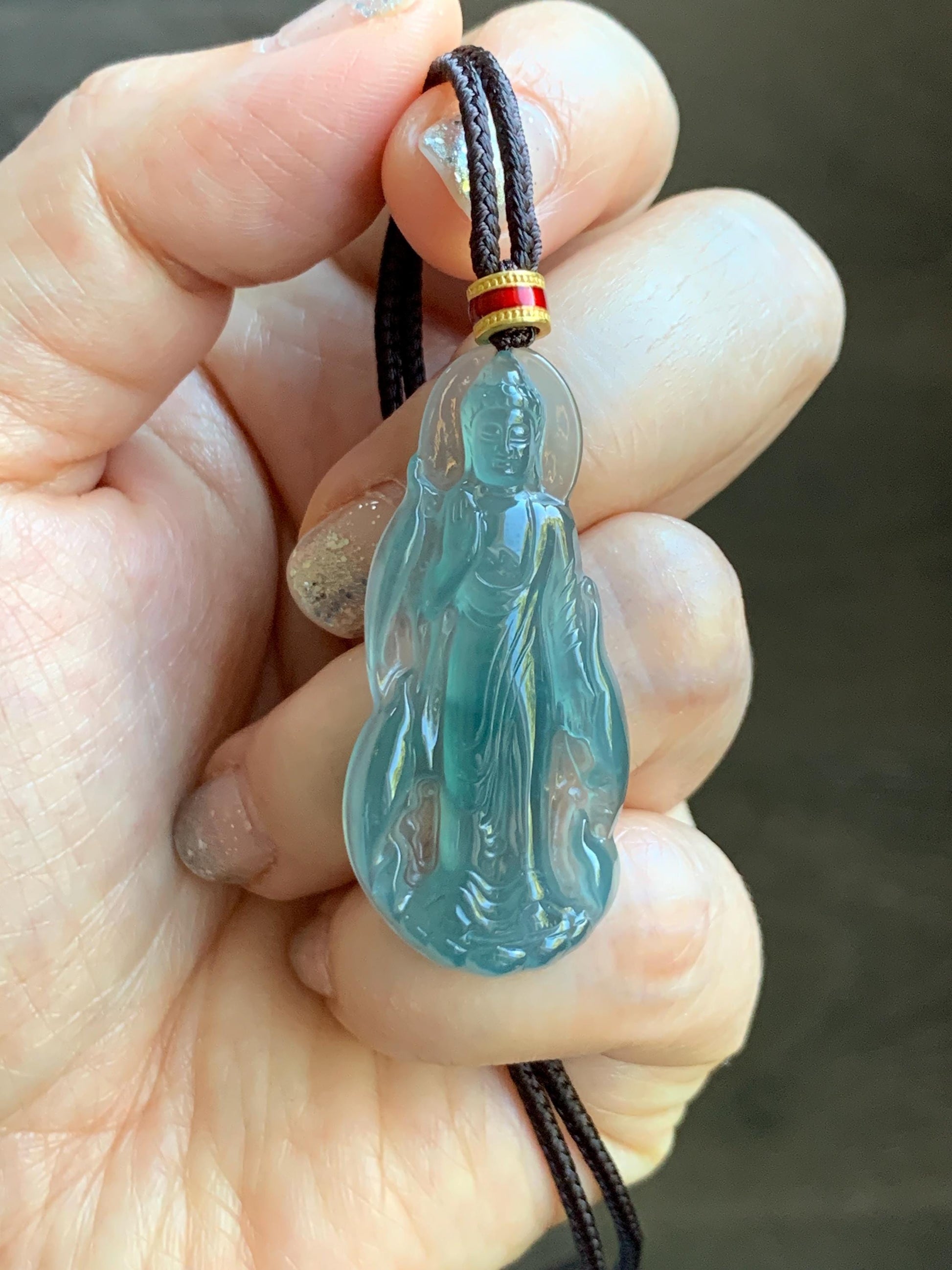 Natural Grade A Guatemalan Icy Highly Translucent Dark Teal Blue Jade Jadeite Guanyin Pendant Rope Necklace 28” 8g 天然冰胶危蓝绿翡翠站观音吊坠 GWZ380A