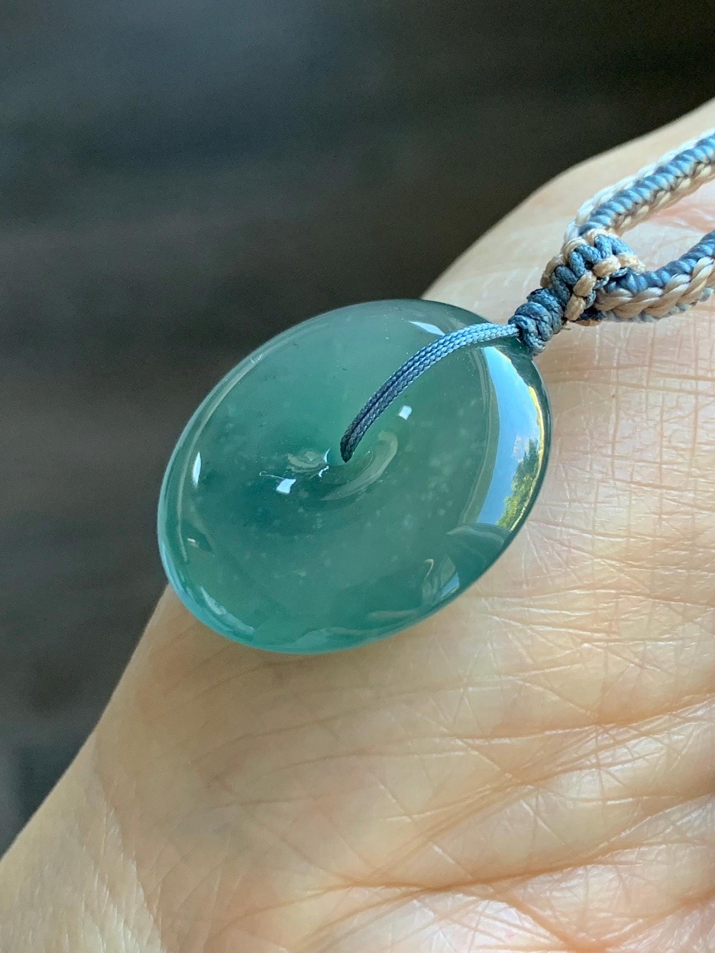 Natural Grade A Guatemalan Icy Translucent Dark Teal Green Jade Jadeite Ping An Kou Donut Pendant Rope Necklace 26” 天然冰危深蓝绿翡翠平安扣吊坠 WSL220