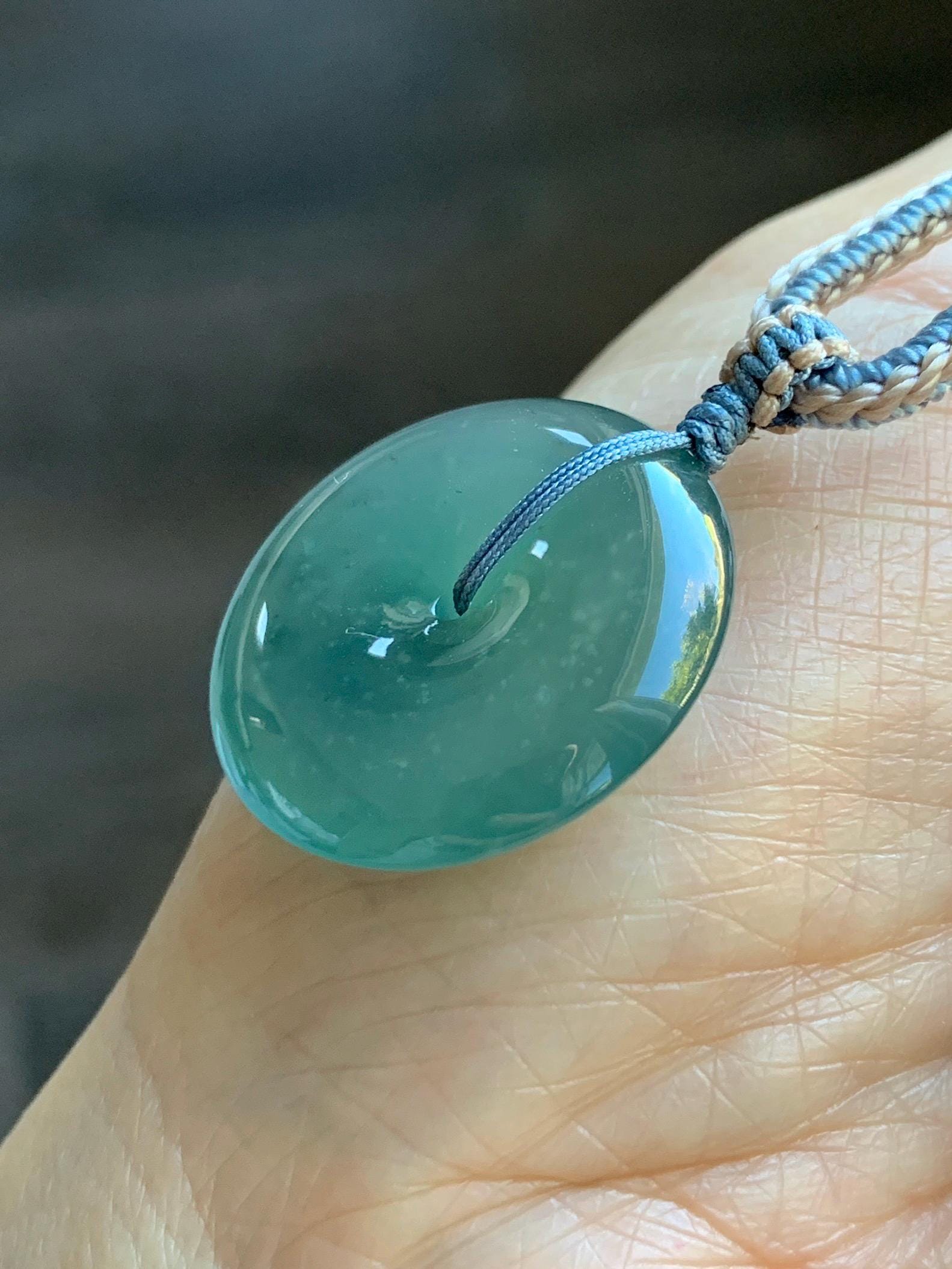 Natural Grade A Guatemalan Icy Translucent Dark Teal Green Jade Jadeite Ping An Kou Donut Pendant Rope Necklace 26” 天然冰危深蓝绿翡翠平安扣吊坠 WSL220