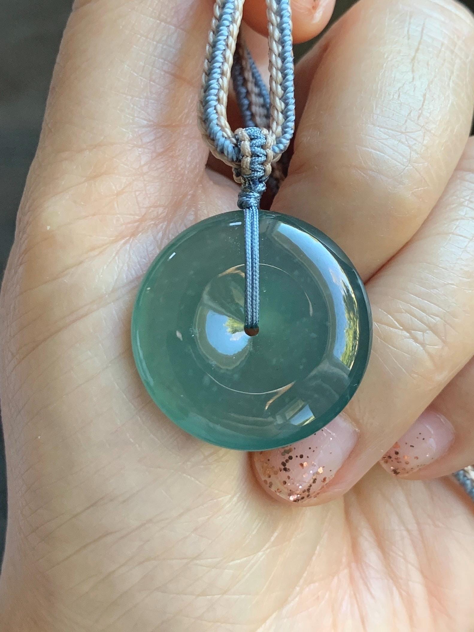 Natural Grade A Guatemalan Icy Translucent Dark Teal Green Jade Jadeite Ping An Kou Donut Pendant Rope Necklace 26” 天然冰危深蓝绿翡翠平安扣吊坠 WSL220