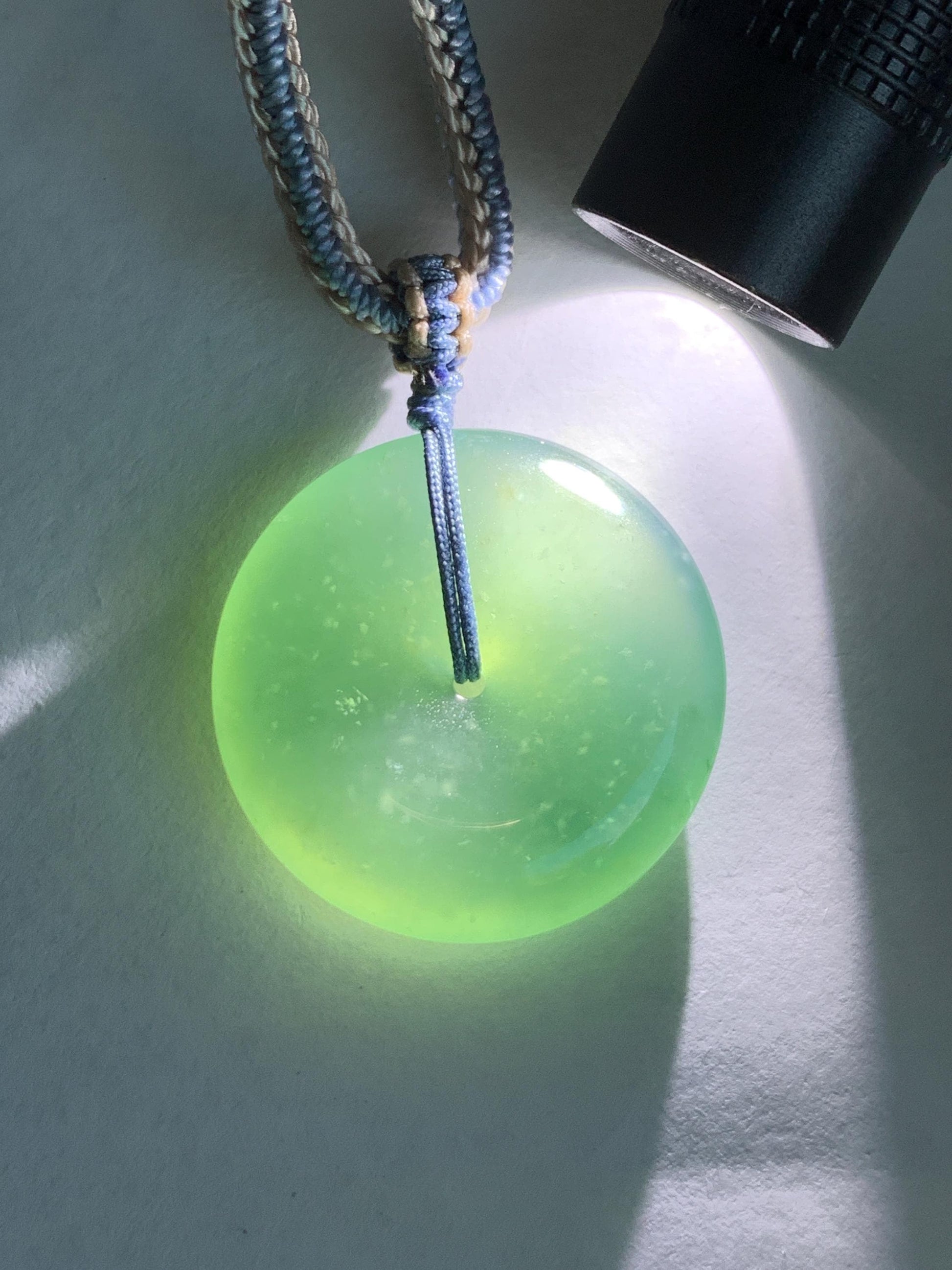 Natural Grade A Guatemalan Icy Translucent Dark Teal Green Jade Jadeite Ping An Kou Donut Pendant Rope Necklace 26” 天然冰危深蓝绿翡翠平安扣吊坠 WSL220