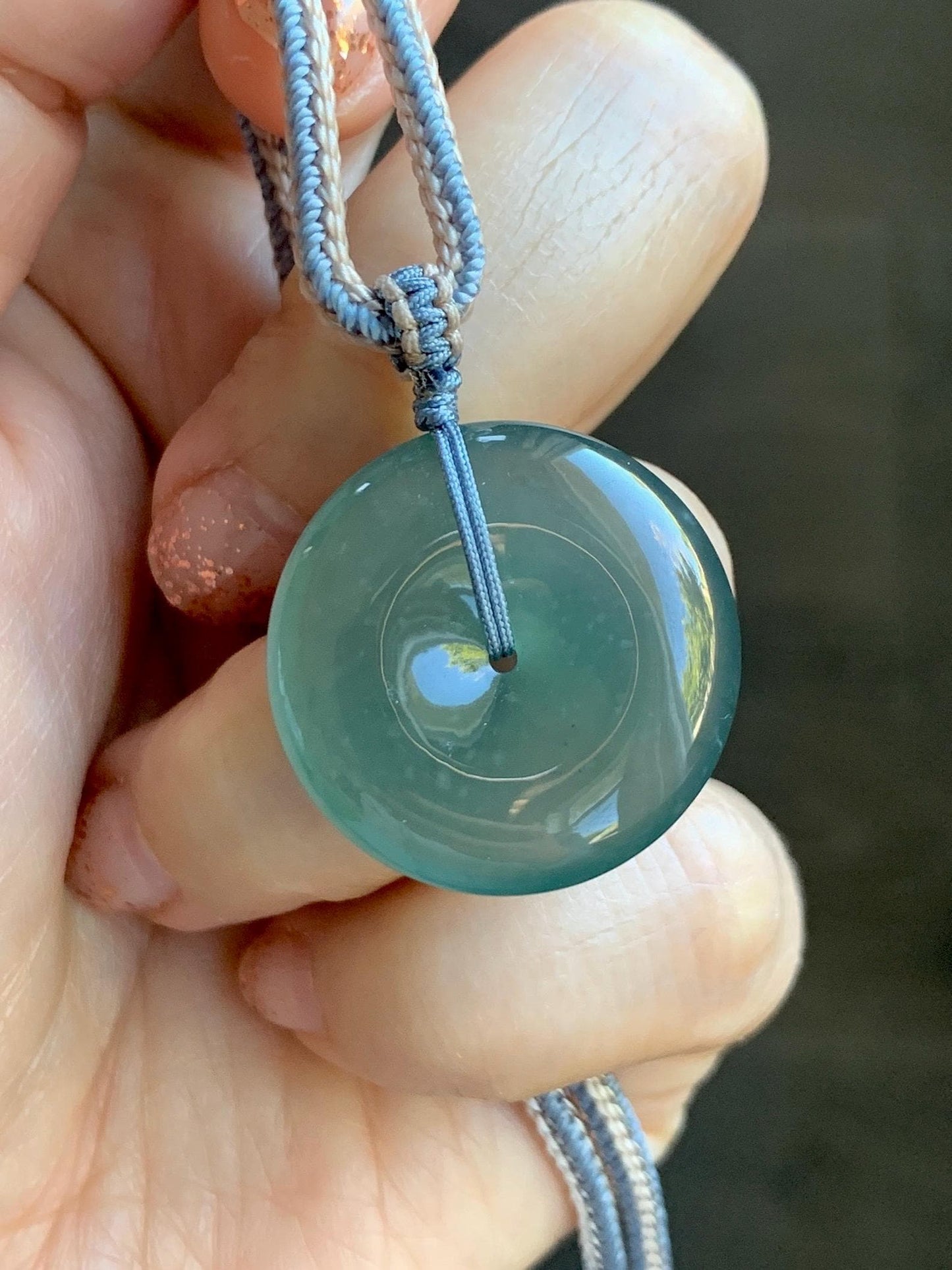 Natural Grade A Guatemalan Icy Translucent Dark Teal Green Jade Jadeite Ping An Kou Donut Pendant Rope Necklace 26” 天然冰危深蓝绿翡翠平安扣吊坠 WSL220