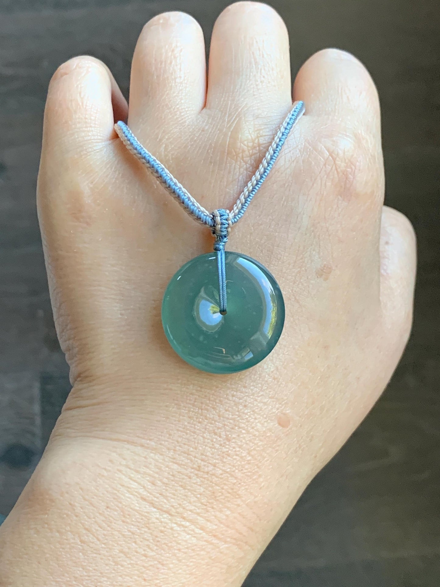 Natural Grade A Guatemalan Icy Translucent Dark Teal Green Jade Jadeite Ping An Kou Donut Pendant Rope Necklace 26” 天然冰危深蓝绿翡翠平安扣吊坠 WSL220