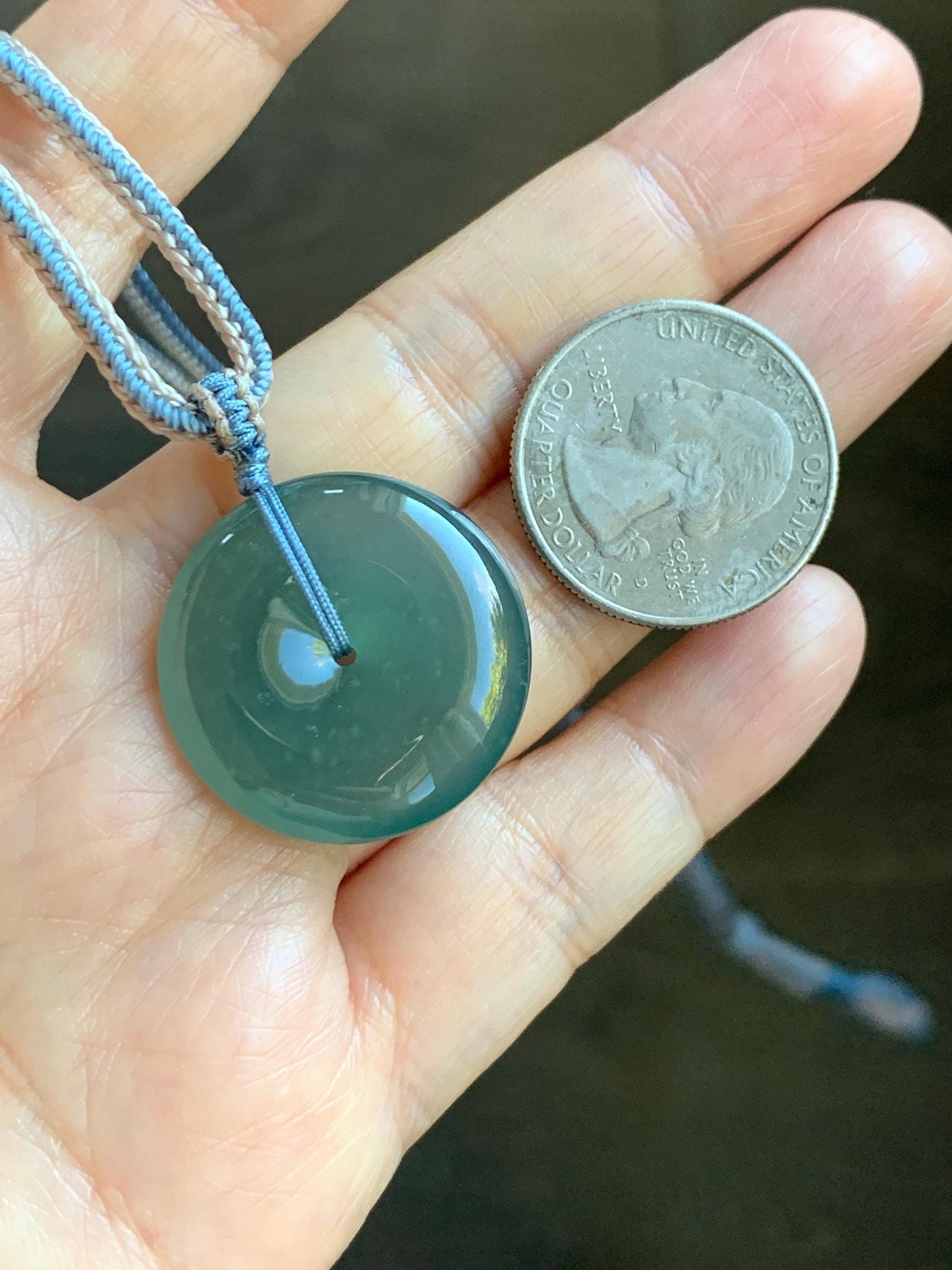 Natural Grade A Guatemalan Icy Translucent Dark Teal Green Jade Jadeite Ping An Kou Donut Pendant Rope Necklace 26” 天然冰危深蓝绿翡翠平安扣吊坠 WSL220