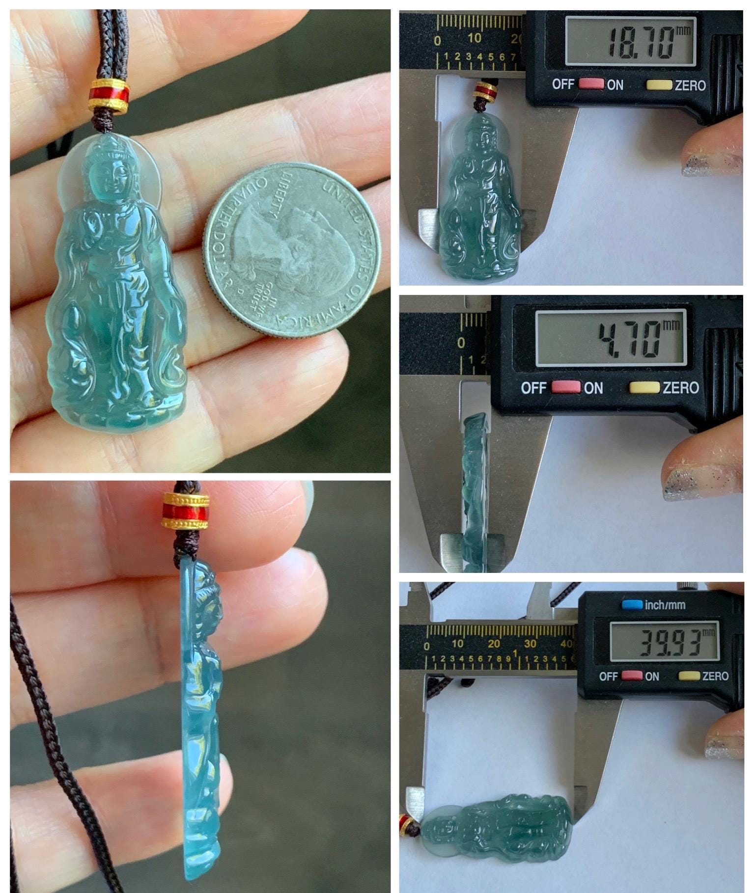 Natural Grade A Guatemalan Icy Highly Translucent Dark Teal Blue Jade Jadeite Guanyin Pendant Rope Necklace 27.5” 7g 天然冰胶危蓝绿翡翠站观音吊坠 GWZ380B