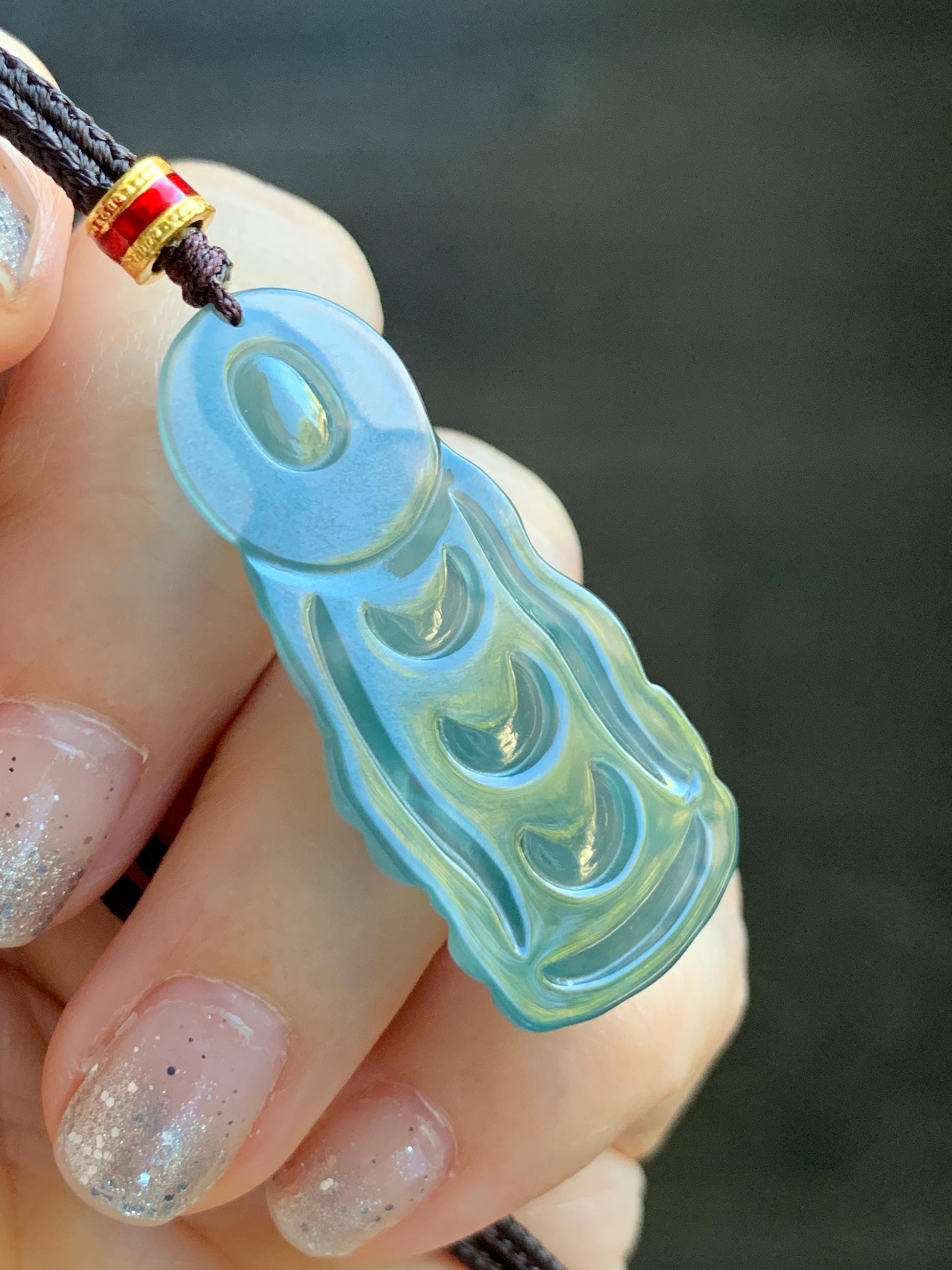 Natural Grade A Guatemalan Icy Highly Translucent Dark Teal Blue Jade Jadeite Guanyin Pendant Rope Necklace 27.5” 7g 天然冰胶危蓝绿翡翠站观音吊坠 GWZ380B