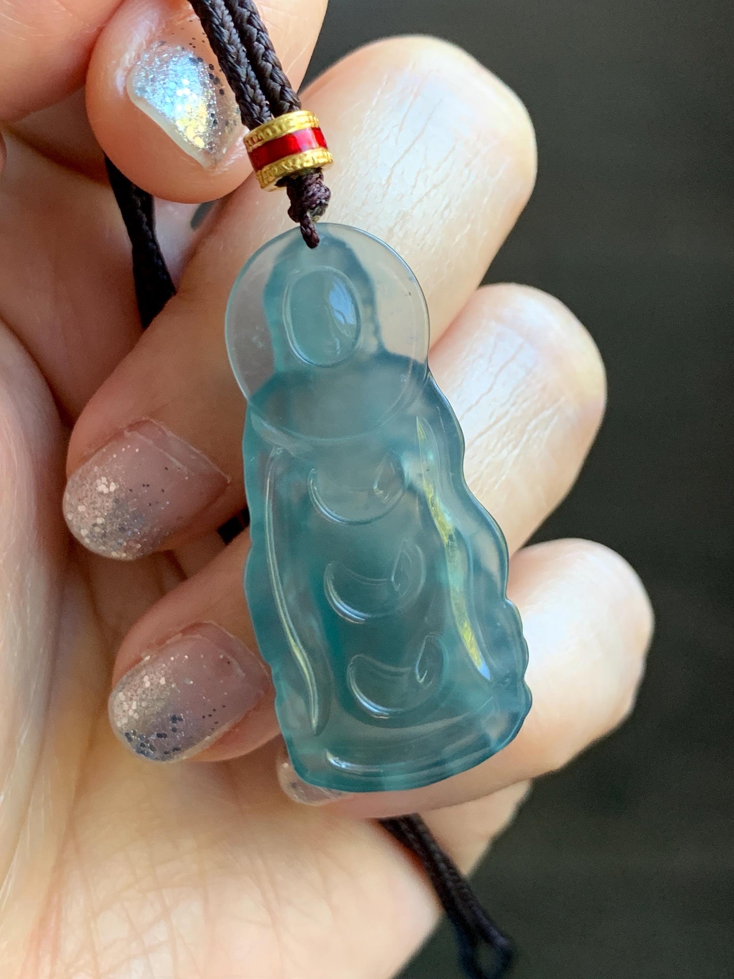 Natural Grade A Guatemalan Icy Highly Translucent Dark Teal Blue Jade Jadeite Guanyin Pendant Rope Necklace 27.5” 7g 天然冰胶危蓝绿翡翠站观音吊坠 GWZ380B