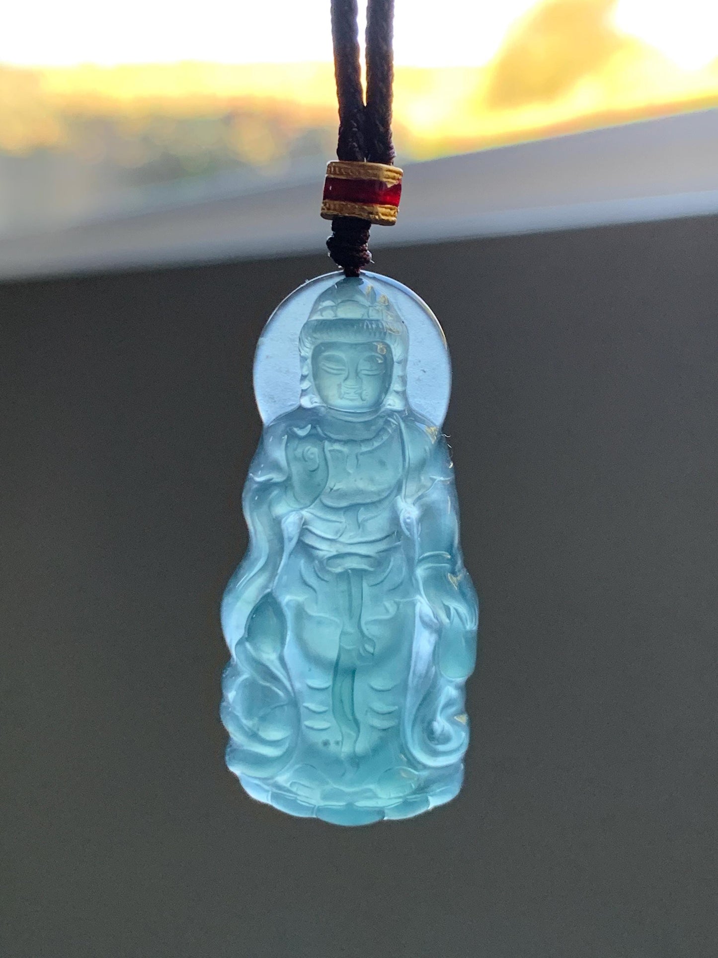 Natural Grade A Guatemalan Icy Highly Translucent Dark Teal Blue Jade Jadeite Guanyin Pendant Rope Necklace 27.5” 7g 天然冰胶危蓝绿翡翠站观音吊坠 GWZ380B