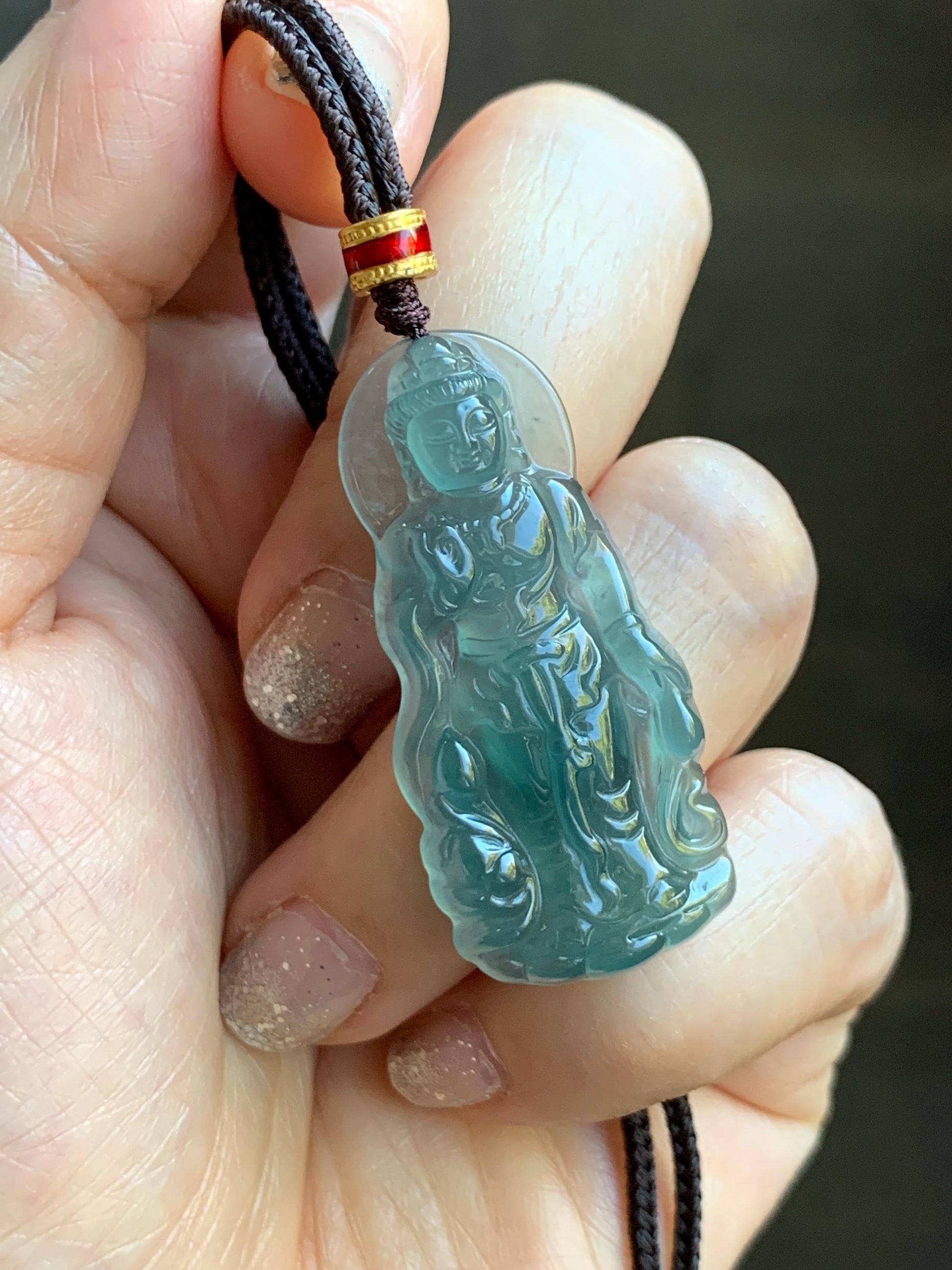 Natural Grade A Guatemalan Icy Highly Translucent Dark Teal Blue Jade Jadeite Guanyin Pendant Rope Necklace 27.5” 7g 天然冰胶危蓝绿翡翠站观音吊坠 GWZ380B