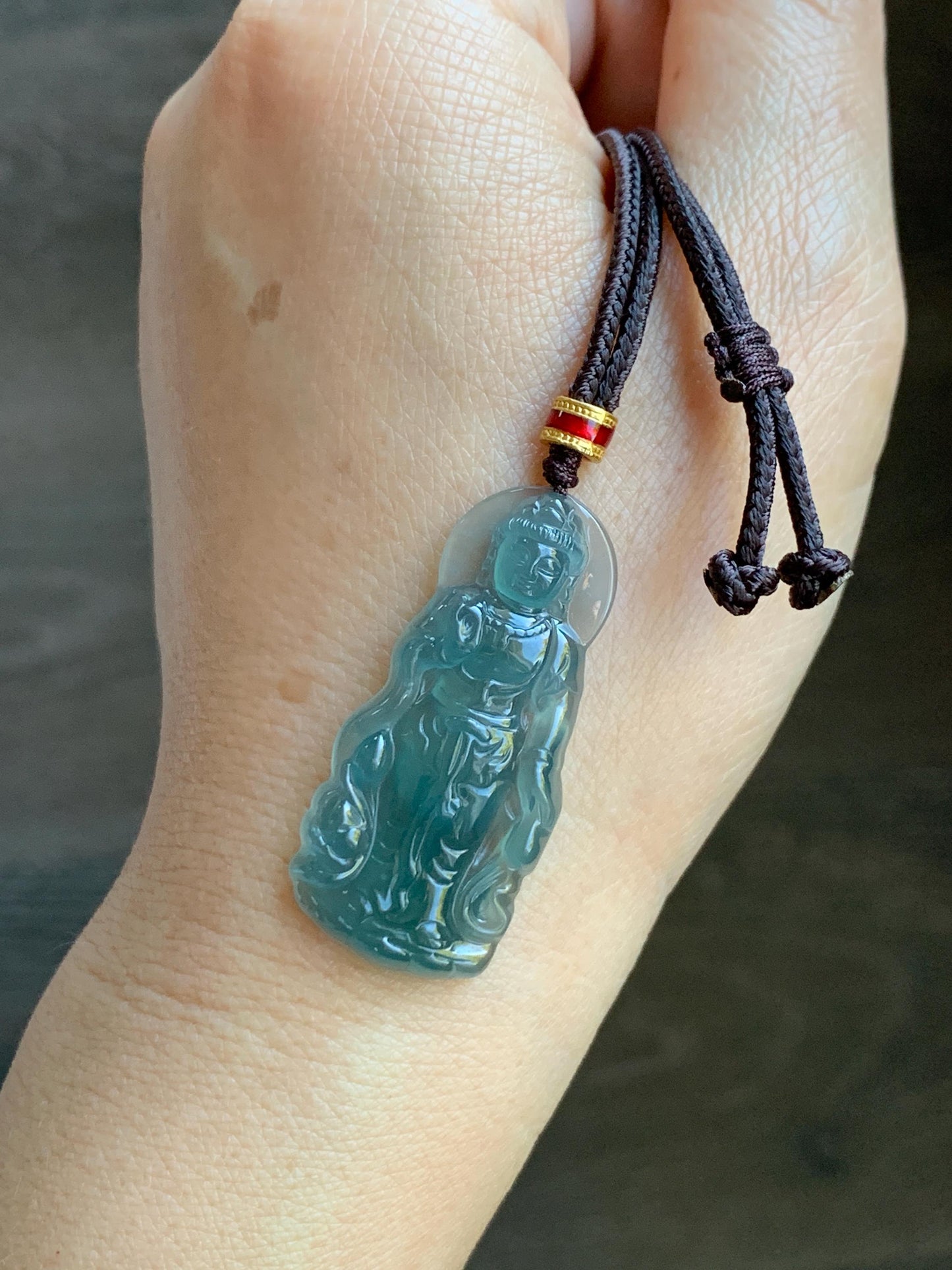 Natural Grade A Guatemalan Icy Highly Translucent Dark Teal Blue Jade Jadeite Guanyin Pendant Rope Necklace 27.5” 7g 天然冰胶危蓝绿翡翠站观音吊坠 GWZ380B