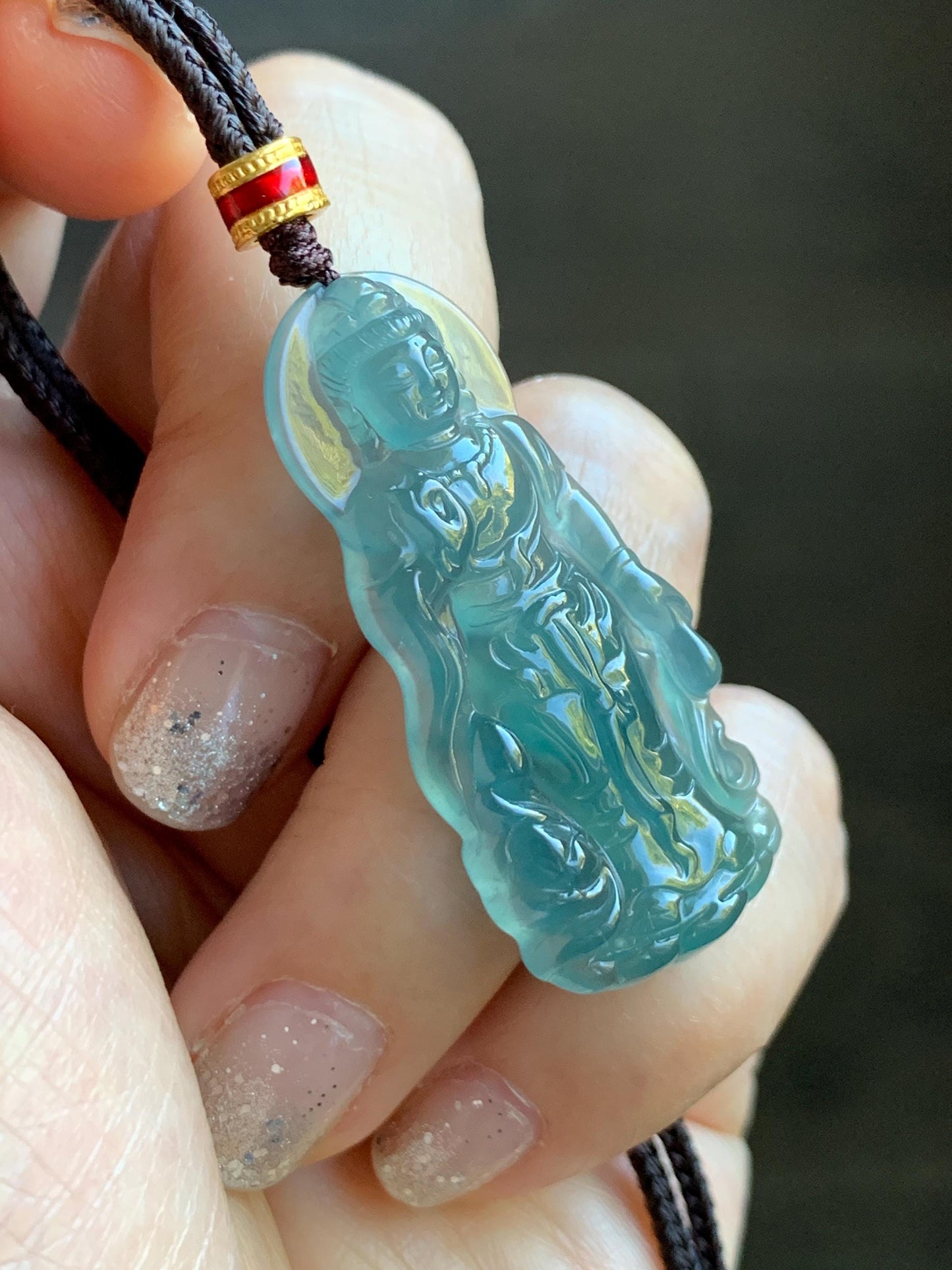 Natural Grade A Guatemalan Icy Highly Translucent Dark Teal Blue Jade Jadeite Guanyin Pendant Rope Necklace 27.5” 7g 天然冰胶危蓝绿翡翠站观音吊坠 GWZ380B