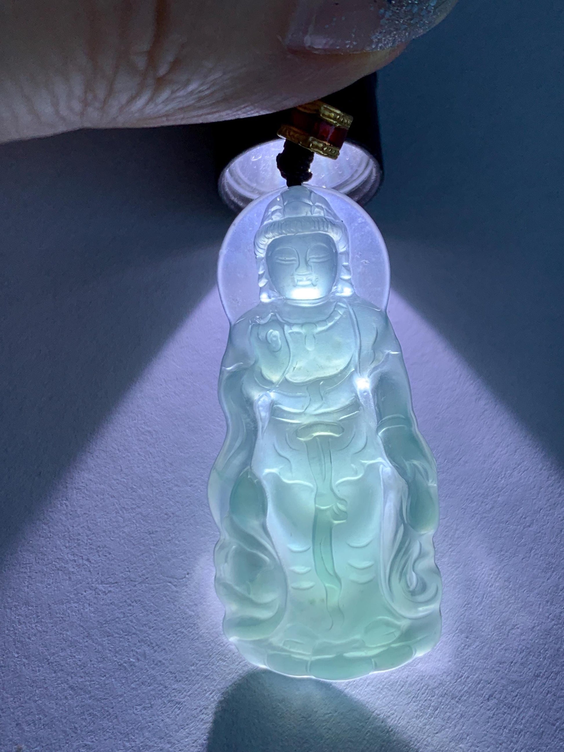 Natural Grade A Guatemalan Icy Highly Translucent Dark Teal Blue Jade Jadeite Guanyin Pendant Rope Necklace 27.5” 7g 天然冰胶危蓝绿翡翠站观音吊坠 GWZ380B