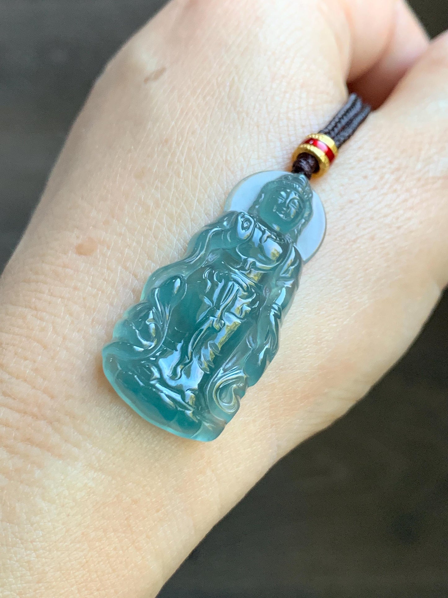 Natural Grade A Guatemalan Icy Highly Translucent Dark Teal Blue Jade Jadeite Guanyin Pendant Rope Necklace 27.5” 7g 天然冰胶危蓝绿翡翠站观音吊坠 GWZ380B