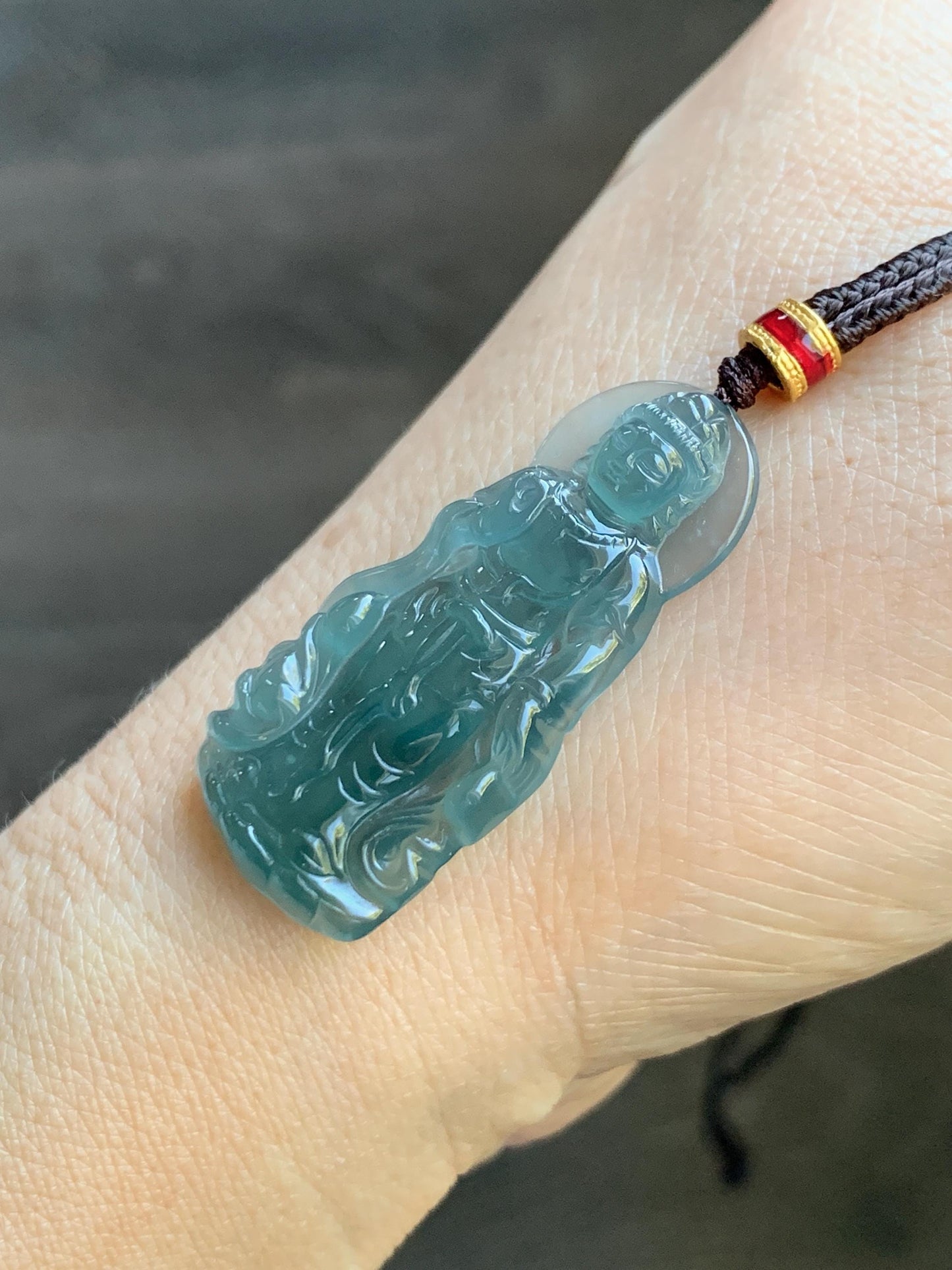 Natural Grade A Guatemalan Icy Highly Translucent Dark Teal Blue Jade Jadeite Guanyin Pendant Rope Necklace 27.5” 7g 天然冰胶危蓝绿翡翠站观音吊坠 GWZ380B