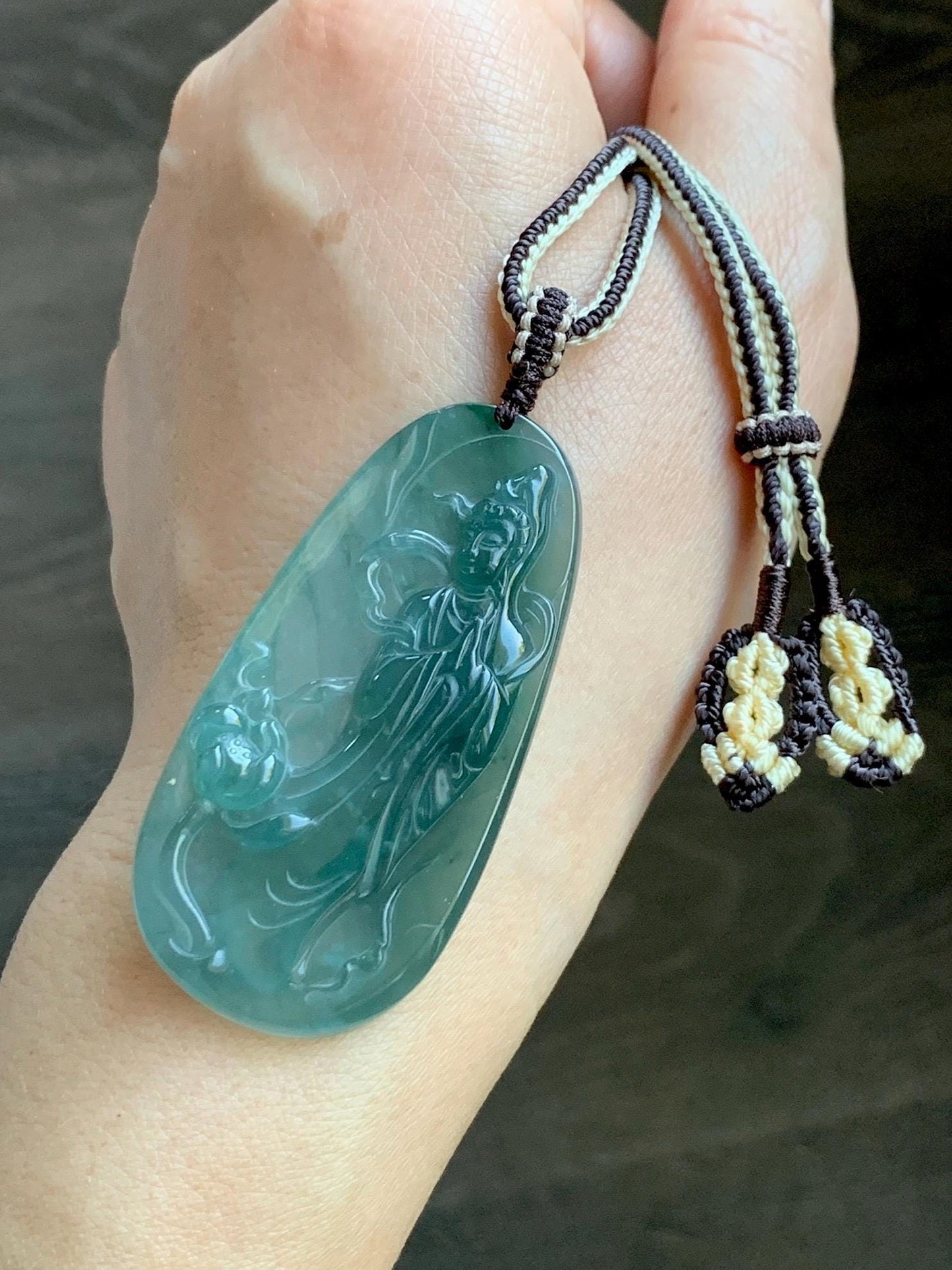 Certified Natural Grade A Guatemalan Icy Translucent Dark Teal Blue Jade Jadeite Guanyin Large Pendant Rope Necklace 28” 天然冰胶危蓝绿翡翠站观音吊坠 485