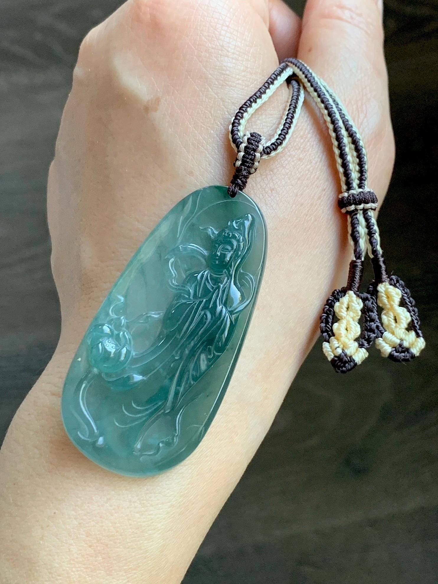 Certified Natural Grade A Guatemalan Icy Translucent Dark Teal Blue Jade Jadeite Guanyin Large Pendant Rope Necklace 28” 天然冰胶危蓝绿翡翠站观音吊坠 485