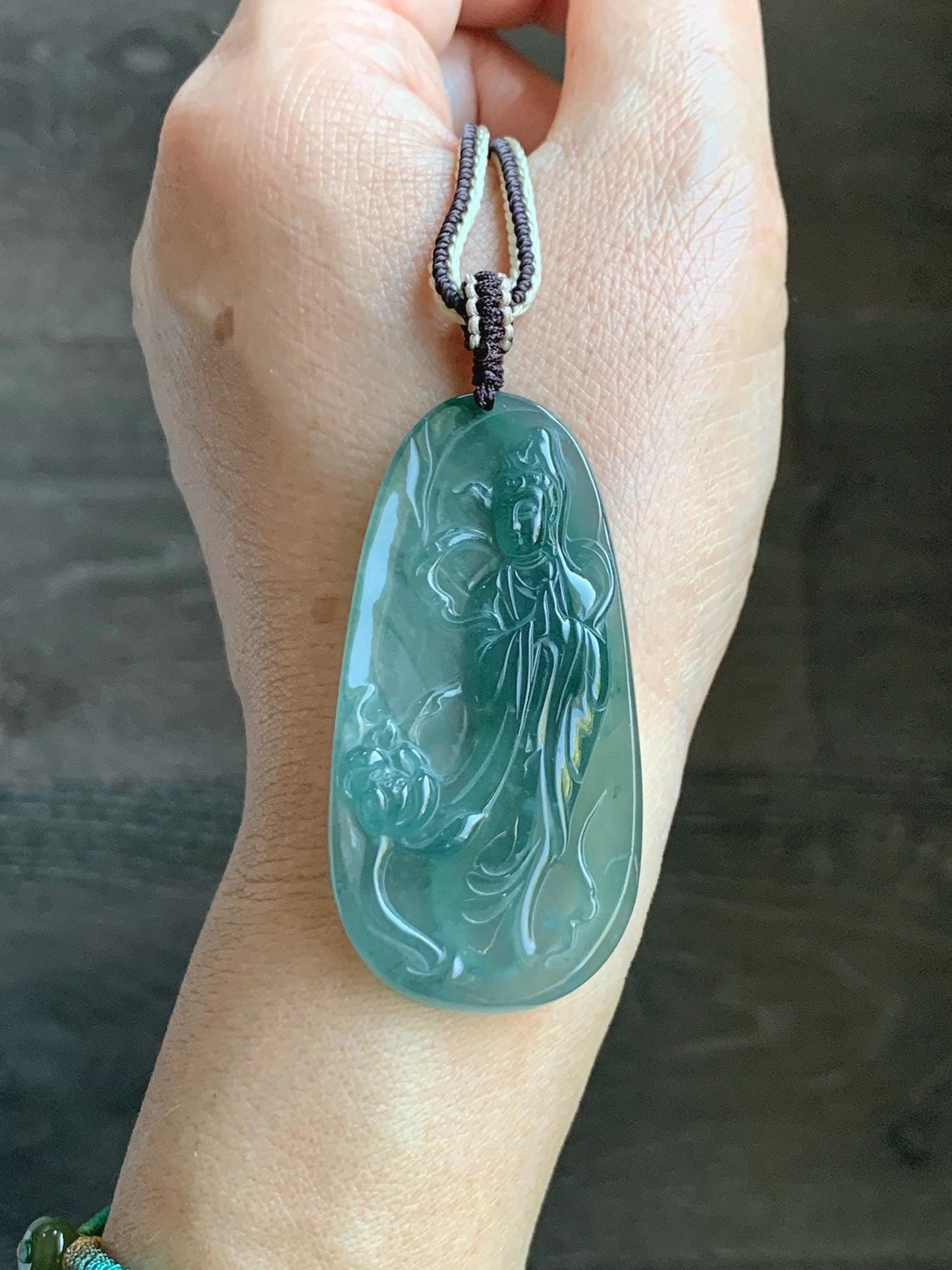 Certified Natural Grade A Guatemalan Icy Translucent Dark Teal Blue Jade Jadeite Guanyin Large Pendant Rope Necklace 28” 天然冰胶危蓝绿翡翠站观音吊坠 485