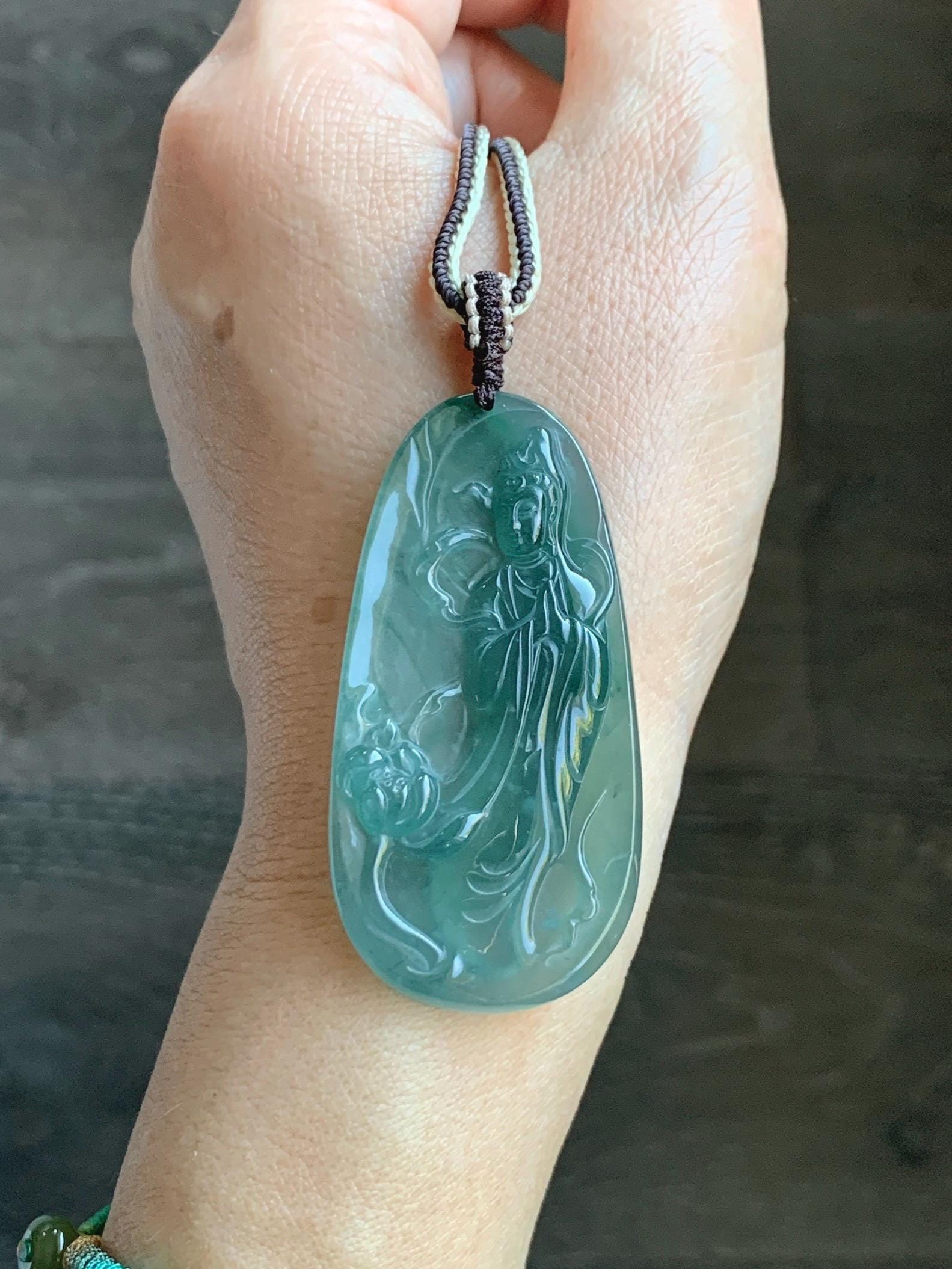 Certified Natural Grade A Guatemalan Icy Translucent Dark Teal Blue Jade Jadeite Guanyin Large Pendant Rope Necklace 28” 天然冰胶危蓝绿翡翠站观音吊坠 485