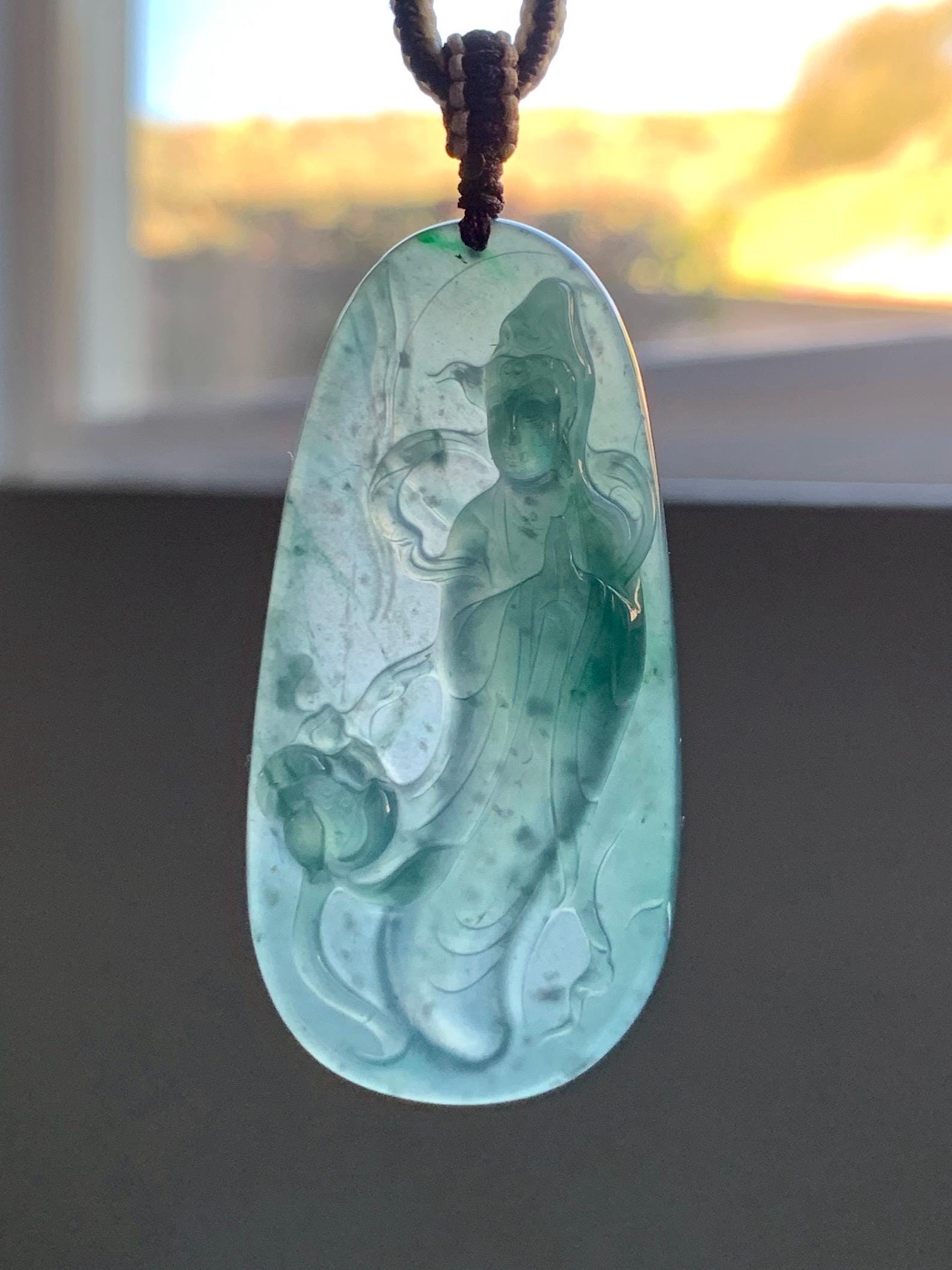 Certified Natural Grade A Guatemalan Icy Translucent Dark Teal Blue Jade Jadeite Guanyin Large Pendant Rope Necklace 28” 天然冰胶危蓝绿翡翠站观音吊坠 485