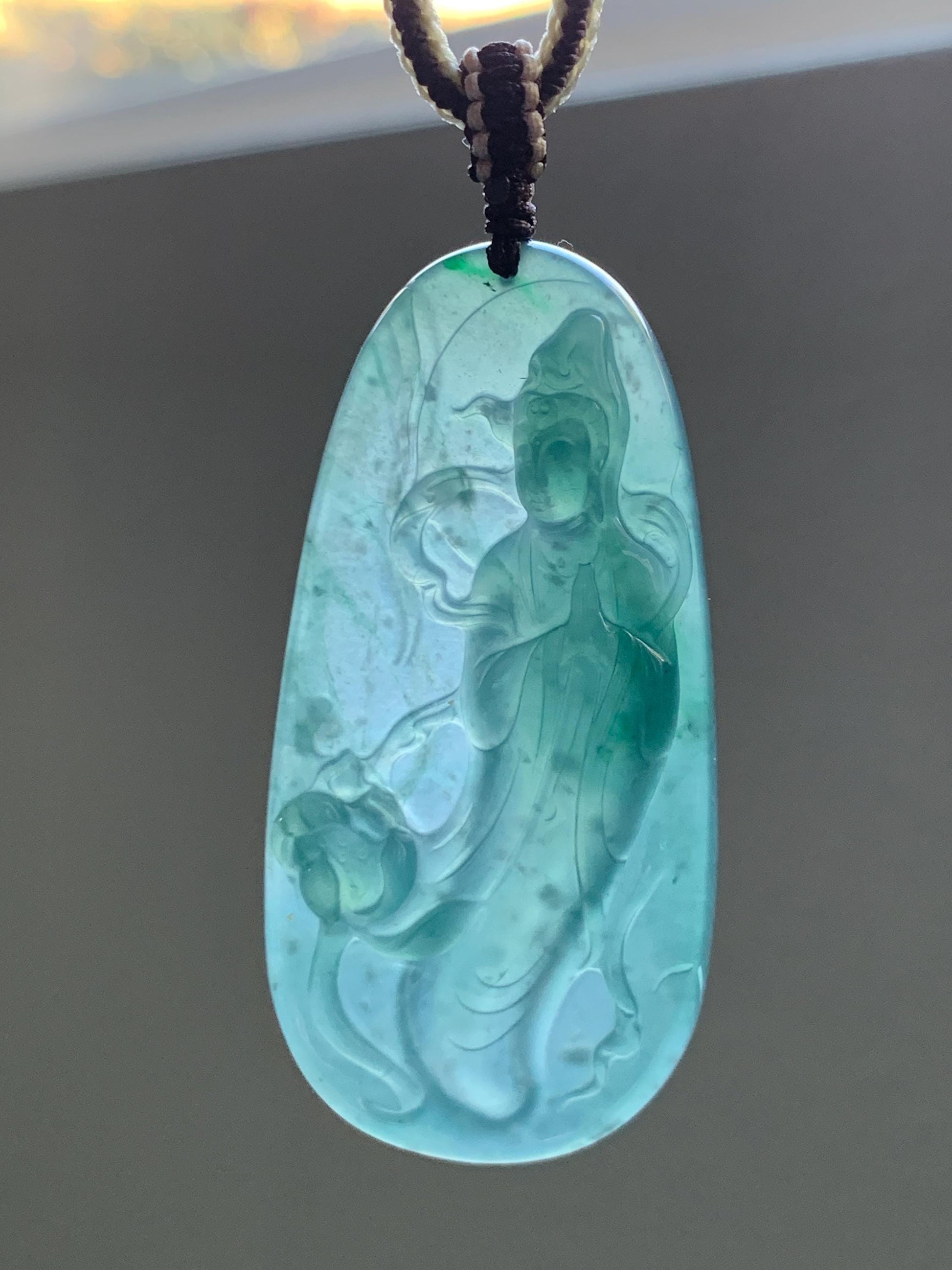 Certified Natural Grade A Guatemalan Icy Translucent Dark Teal Blue Jade Jadeite Guanyin Large Pendant Rope Necklace 28” 天然冰胶危蓝绿翡翠站观音吊坠 485