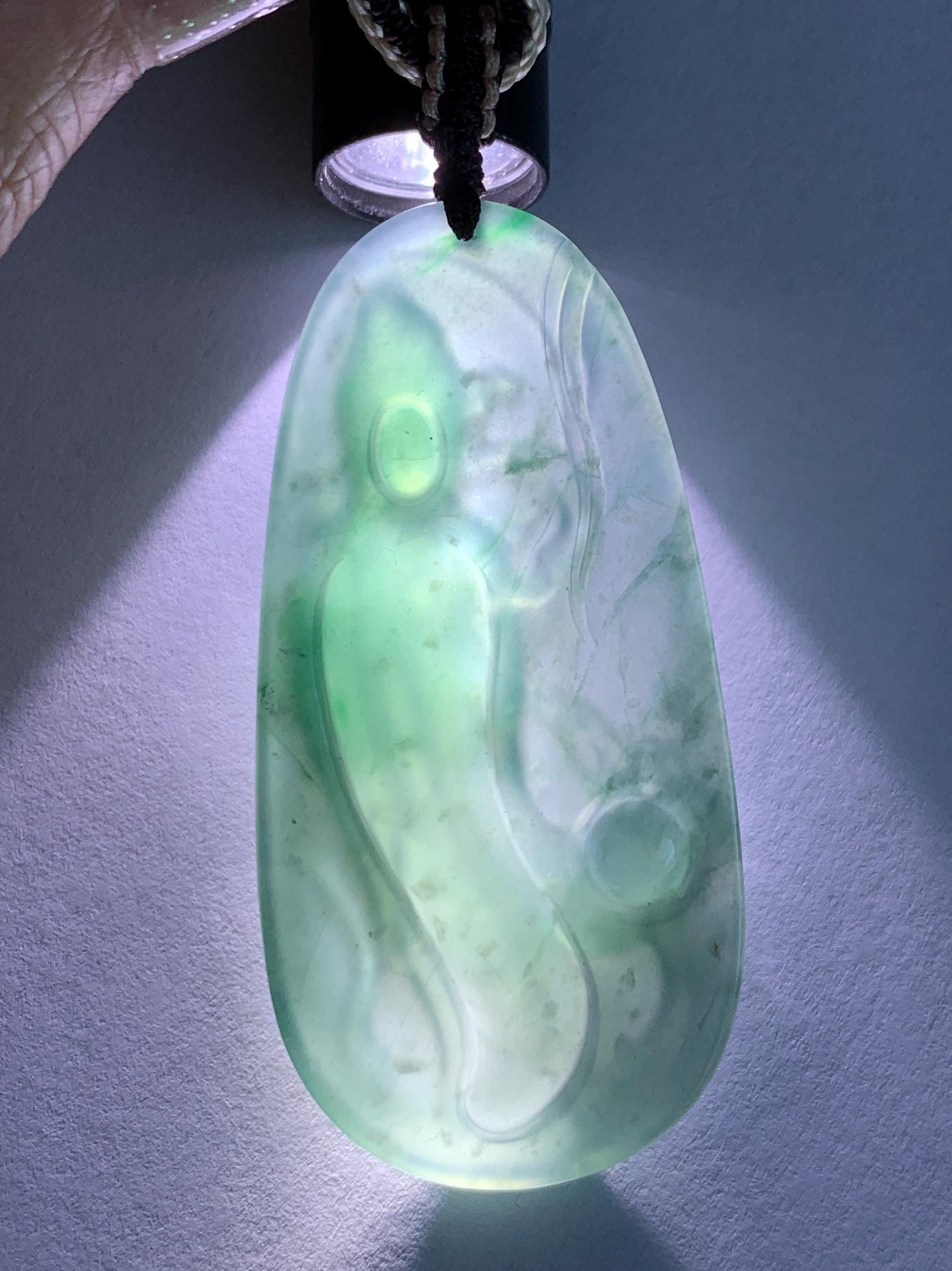Certified Natural Grade A Guatemalan Icy Translucent Dark Teal Blue Jade Jadeite Guanyin Large Pendant Rope Necklace 28” 天然冰胶危蓝绿翡翠站观音吊坠 485