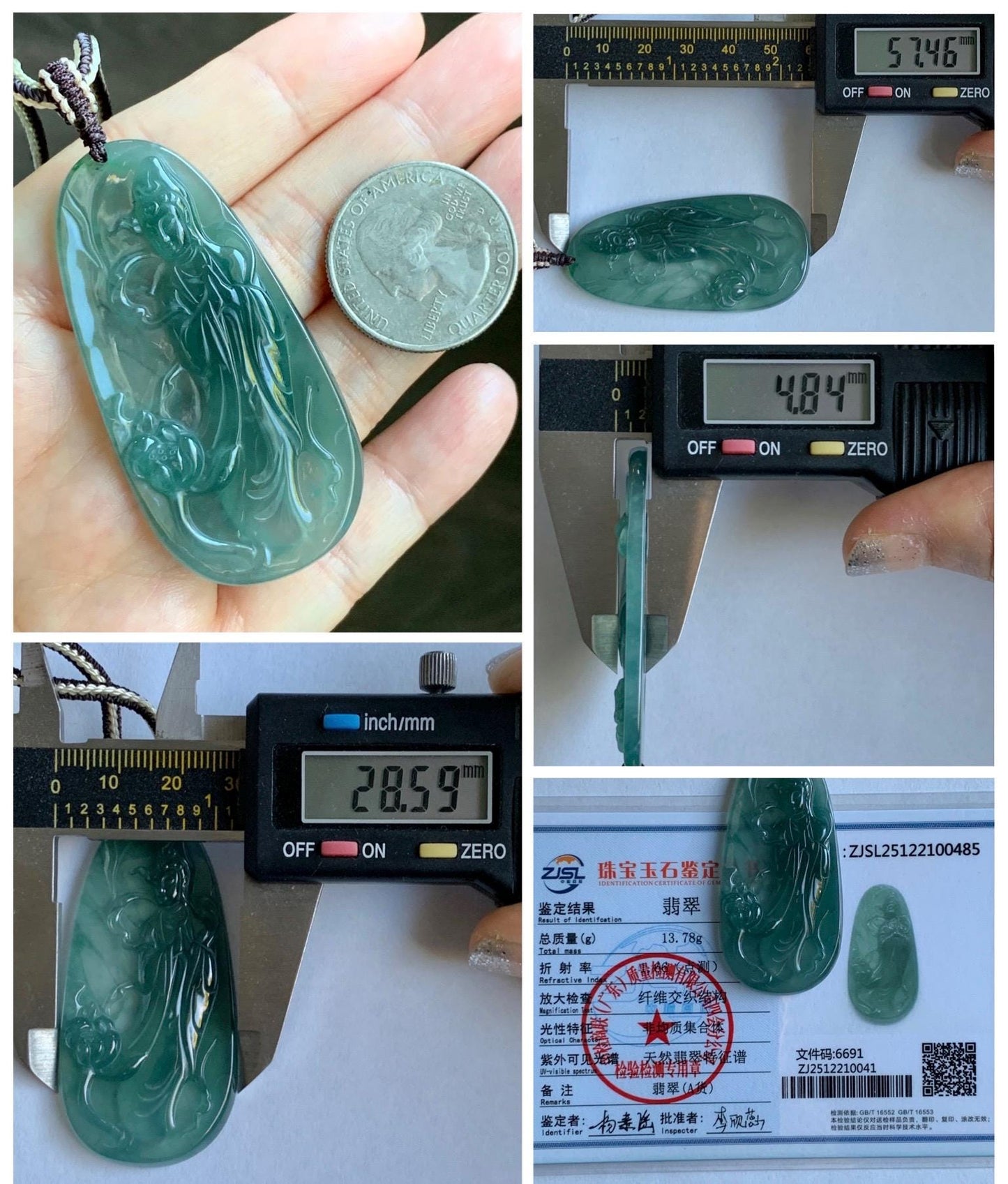 Certified Natural Grade A Guatemalan Icy Translucent Dark Teal Blue Jade Jadeite Guanyin Large Pendant Rope Necklace 28” 天然冰胶危蓝绿翡翠站观音吊坠 485