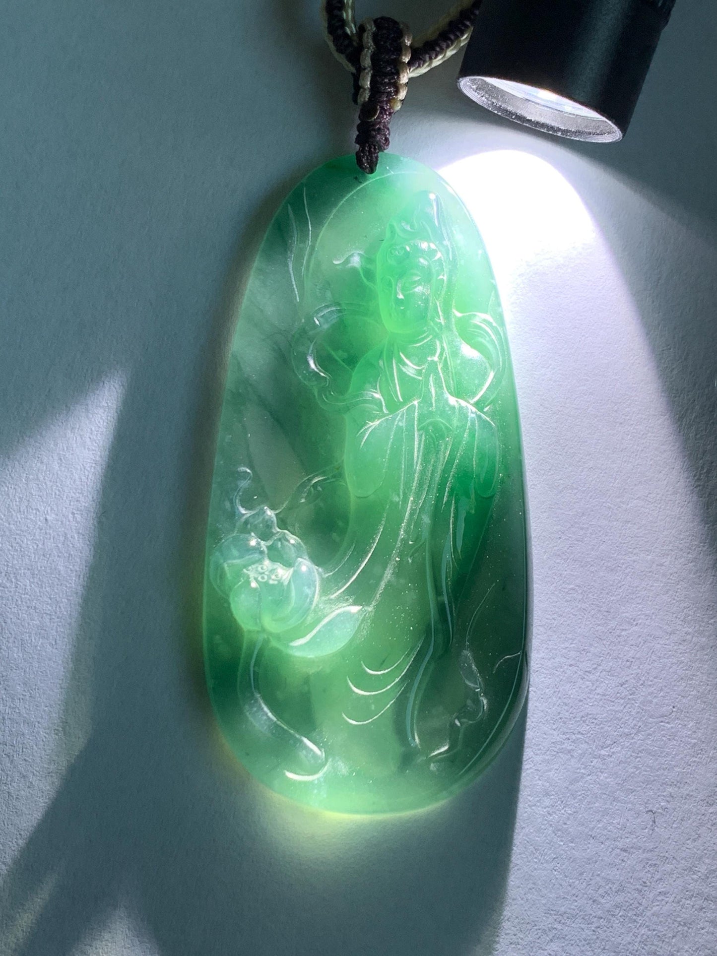 Certified Natural Grade A Guatemalan Icy Translucent Dark Teal Blue Jade Jadeite Guanyin Large Pendant Rope Necklace 28” 天然冰胶危蓝绿翡翠站观音吊坠 485
