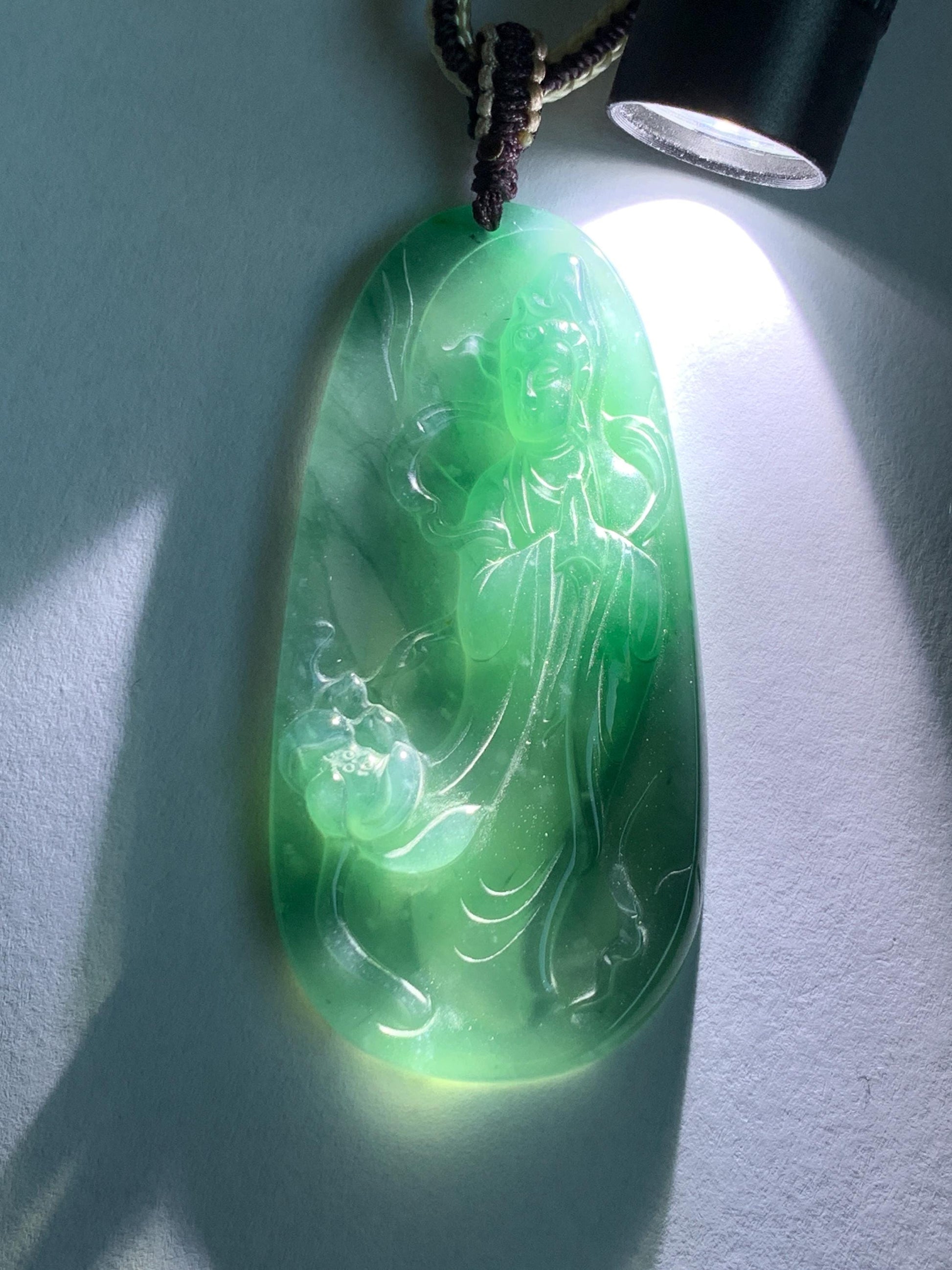 Certified Natural Grade A Guatemalan Icy Translucent Dark Teal Blue Jade Jadeite Guanyin Large Pendant Rope Necklace 28” 天然冰胶危蓝绿翡翠站观音吊坠 485