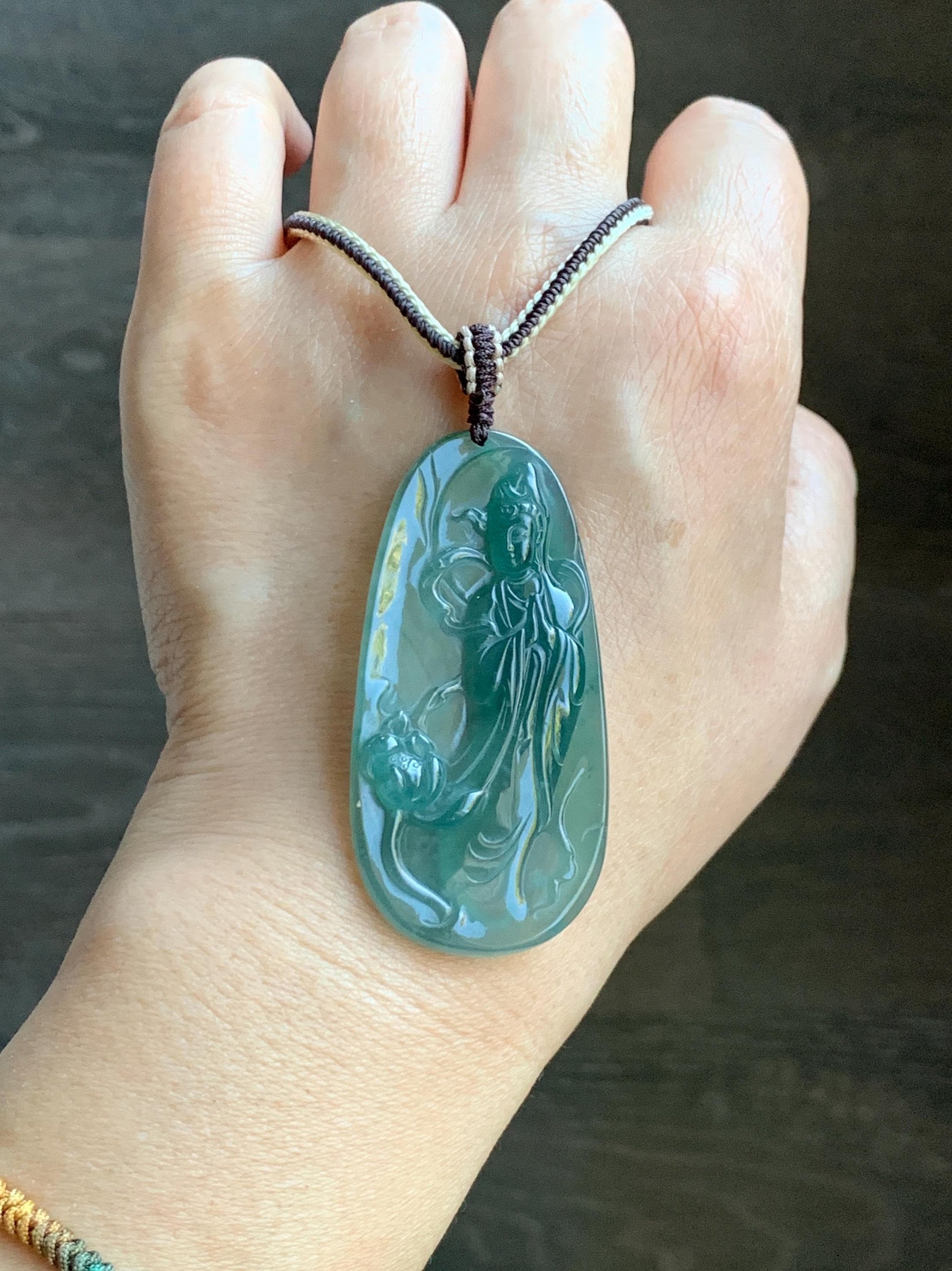 Certified Natural Grade A Guatemalan Icy Translucent Dark Teal Blue Jade Jadeite Guanyin Large Pendant Rope Necklace 28” 天然冰胶危蓝绿翡翠站观音吊坠 485