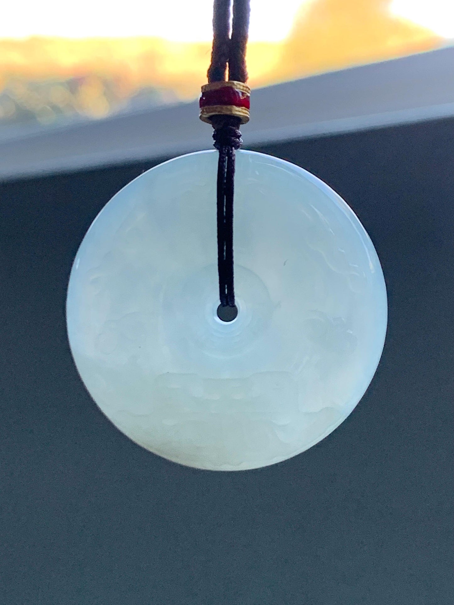 Certified Natural Grade A Icy Translucent Light Beige Jade Jadeite Engraved Ping An Kou Donut Pendant Rope Necklace 28” 天然细糯冰糖黄翡翠仿古雕平安扣项链488