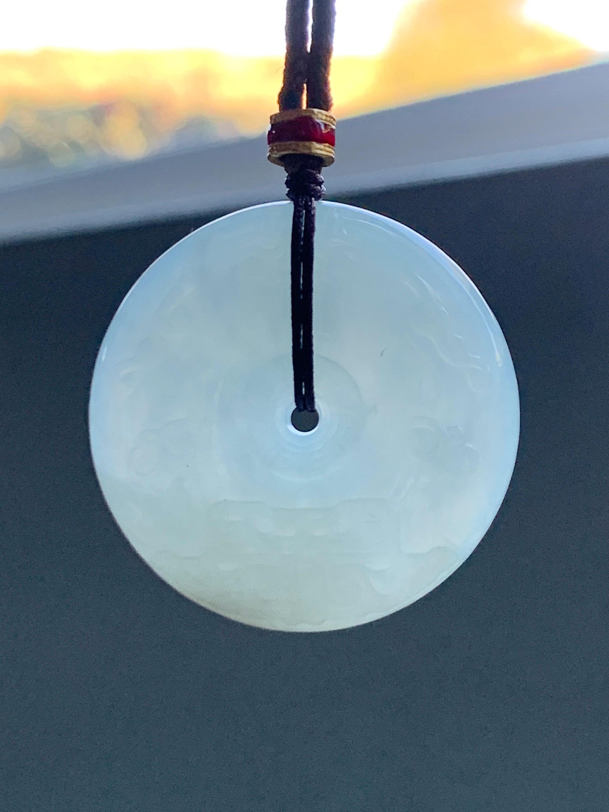 Certified Natural Grade A Icy Translucent Light Beige Jade Jadeite Engraved Ping An Kou Donut Pendant Rope Necklace 28” 天然细糯冰糖黄翡翠仿古雕平安扣项链488