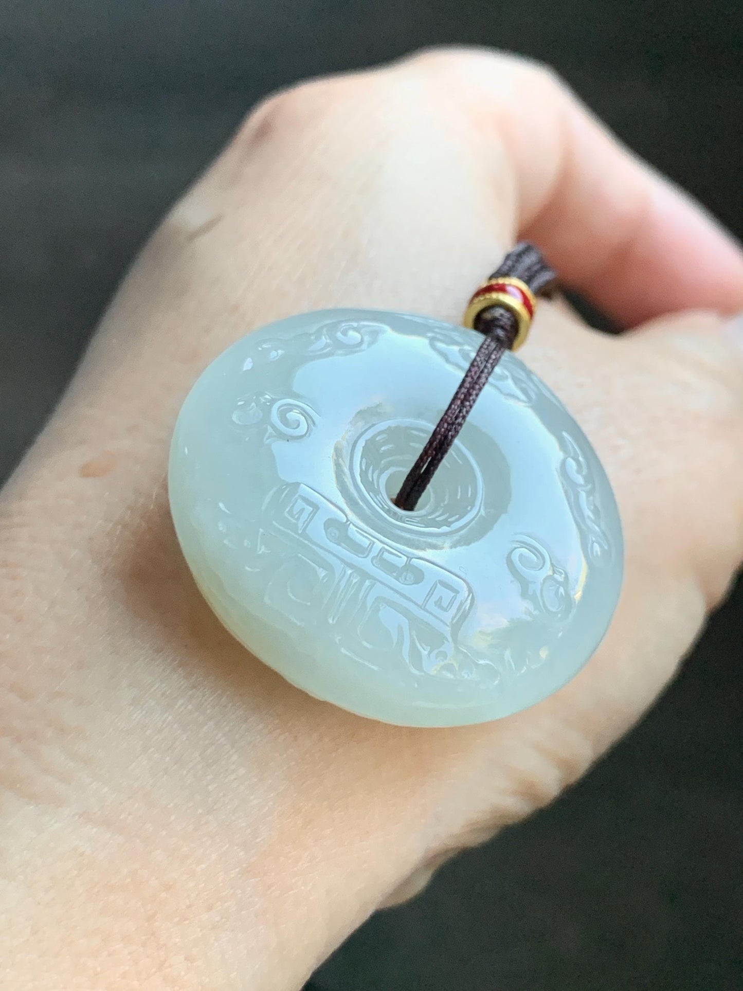 Certified Natural Grade A Icy Translucent Light Beige Jade Jadeite Engraved Ping An Kou Donut Pendant Rope Necklace 28” 天然细糯冰糖黄翡翠仿古雕平安扣项链488