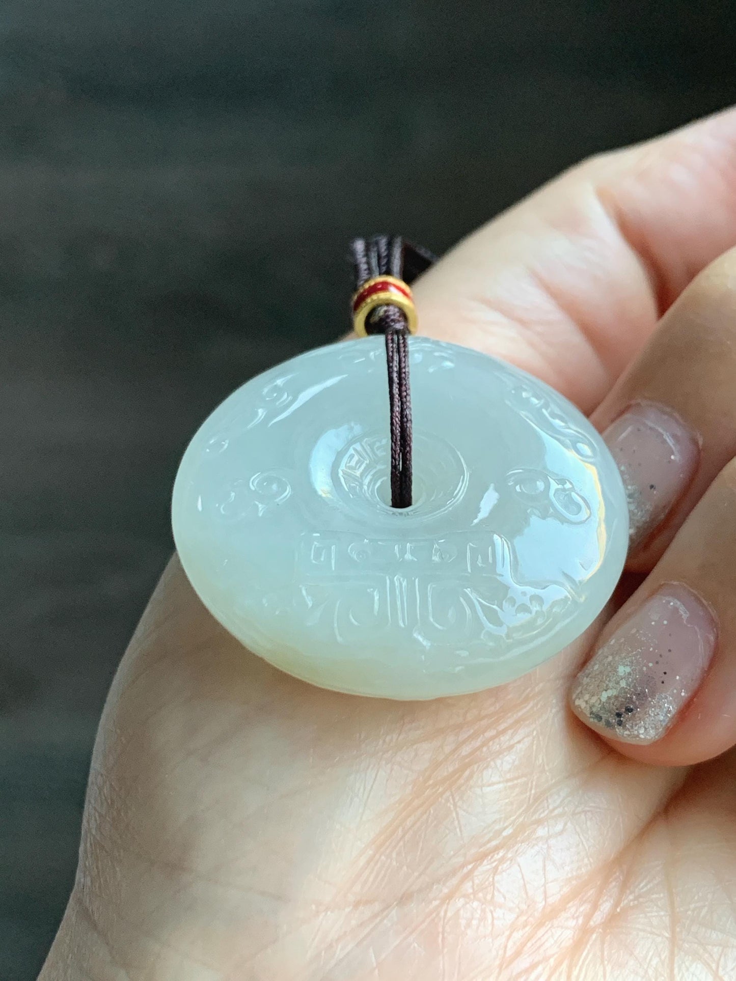 Certified Natural Grade A Icy Translucent Light Beige Jade Jadeite Engraved Ping An Kou Donut Pendant Rope Necklace 28” 天然细糯冰糖黄翡翠仿古雕平安扣项链488