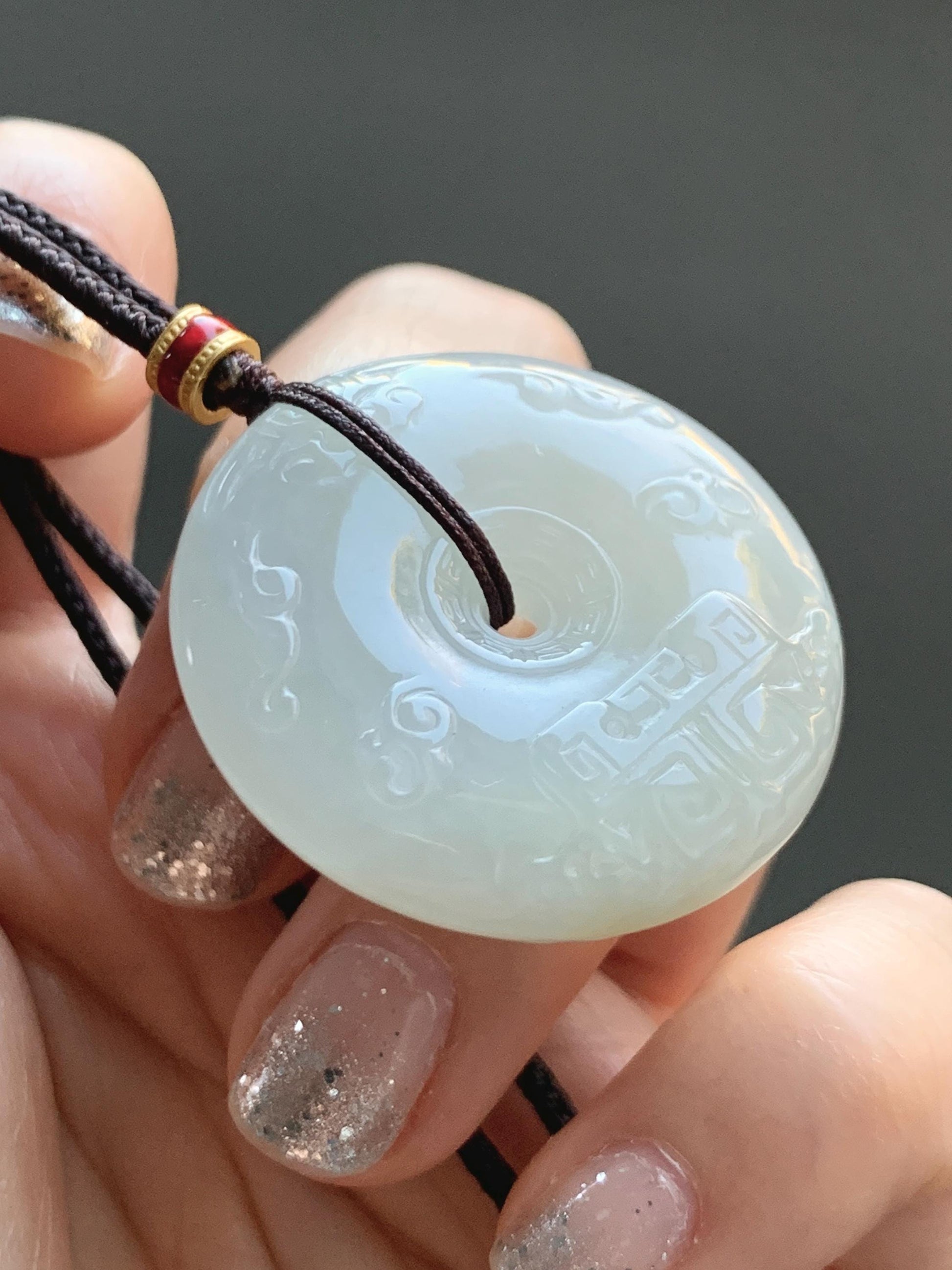 Certified Natural Grade A Icy Translucent Light Beige Jade Jadeite Engraved Ping An Kou Donut Pendant Rope Necklace 28” 天然细糯冰糖黄翡翠仿古雕平安扣项链488