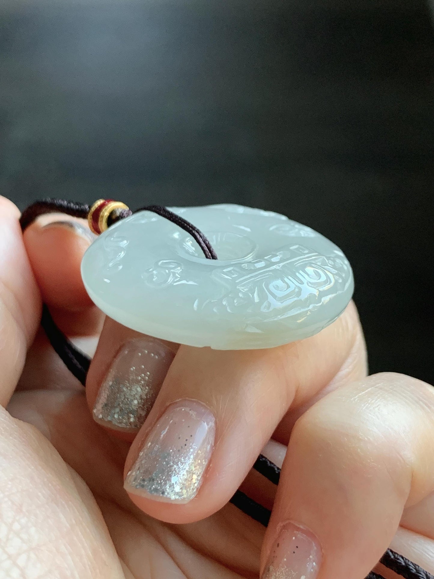 Certified Natural Grade A Icy Translucent Light Beige Jade Jadeite Engraved Ping An Kou Donut Pendant Rope Necklace 28” 天然细糯冰糖黄翡翠仿古雕平安扣项链488