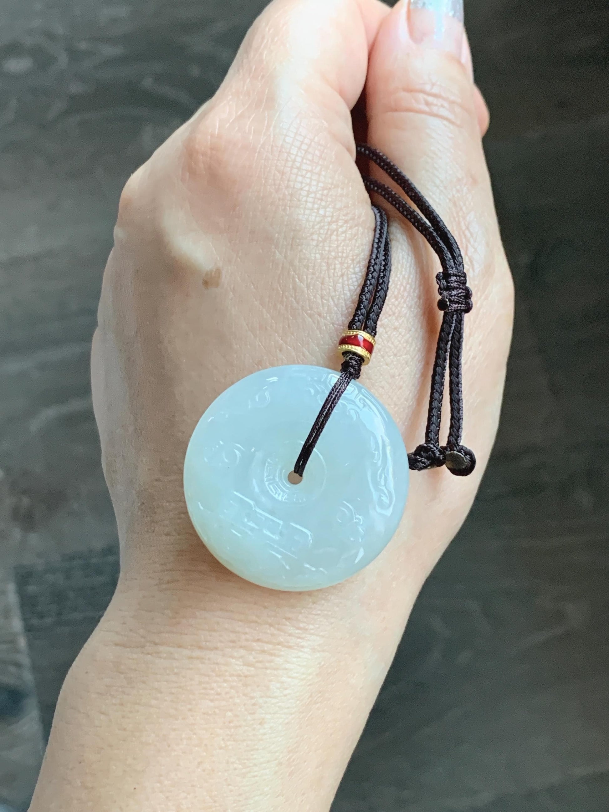Certified Natural Grade A Icy Translucent Light Beige Jade Jadeite Engraved Ping An Kou Donut Pendant Rope Necklace 28” 天然细糯冰糖黄翡翠仿古雕平安扣项链488
