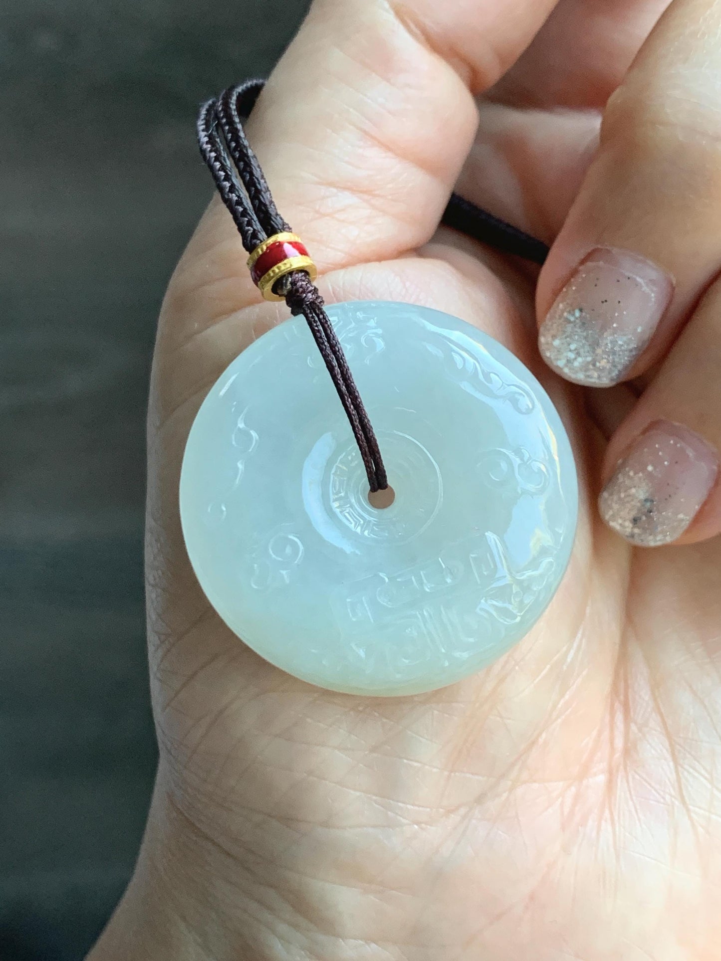 Certified Natural Grade A Icy Translucent Light Beige Jade Jadeite Engraved Ping An Kou Donut Pendant Rope Necklace 28” 天然细糯冰糖黄翡翠仿古雕平安扣项链488