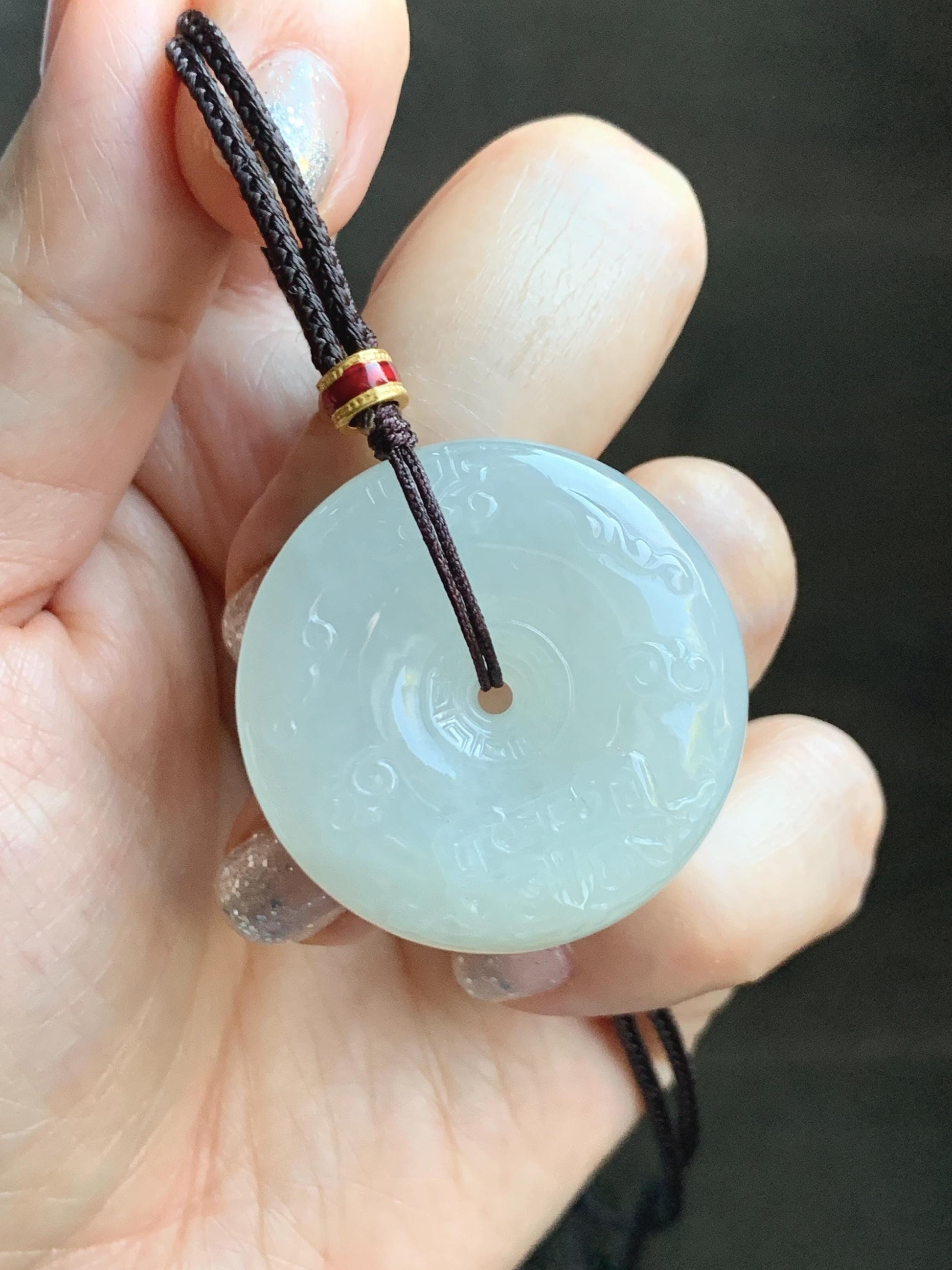 Certified Natural Grade A Icy Translucent Light Beige Jade Jadeite Engraved Ping An Kou Donut Pendant Rope Necklace 28” 天然细糯冰糖黄翡翠仿古雕平安扣项链488
